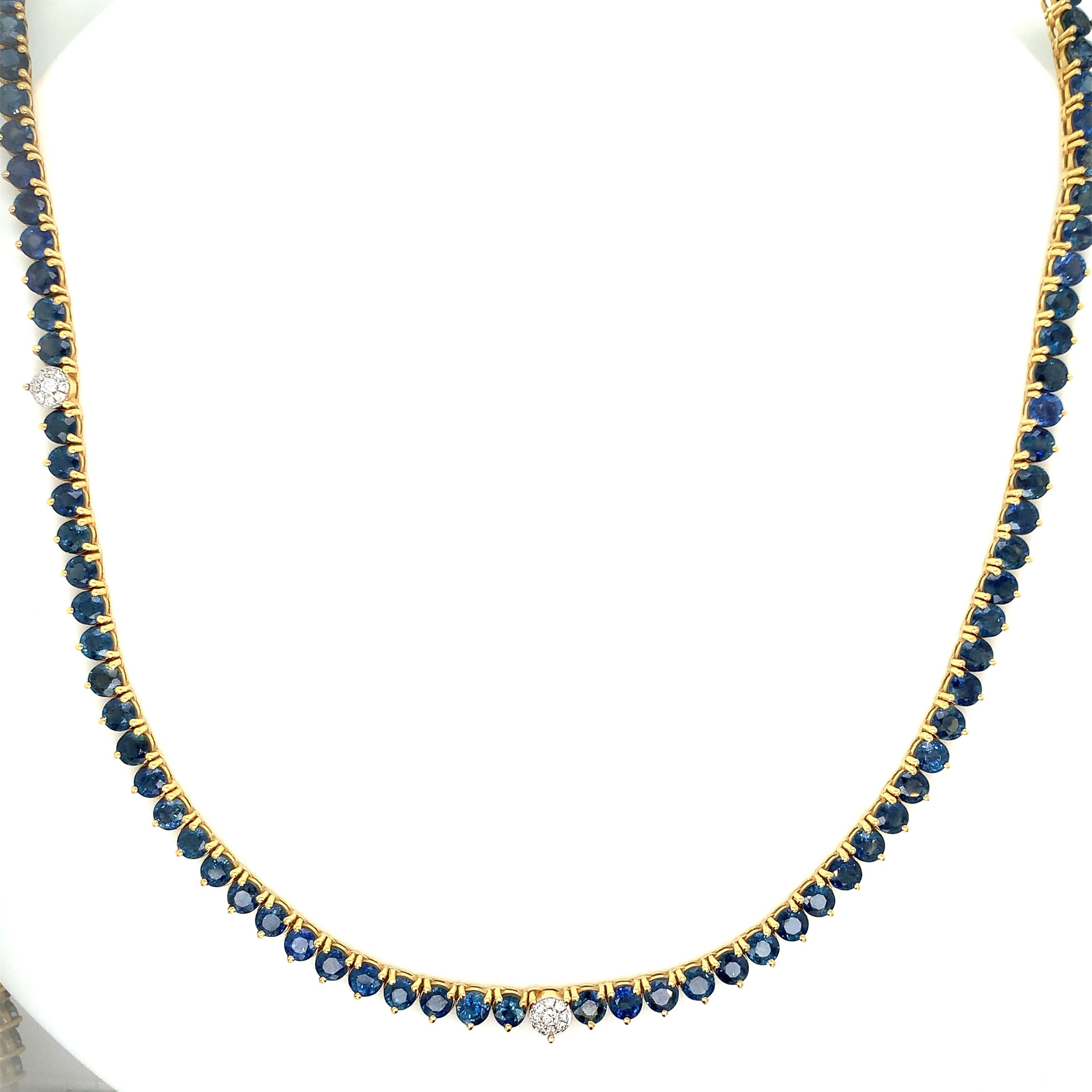 Yellow Gold Tennis Gemstone Necklace with Diamond, Sapphire Stones