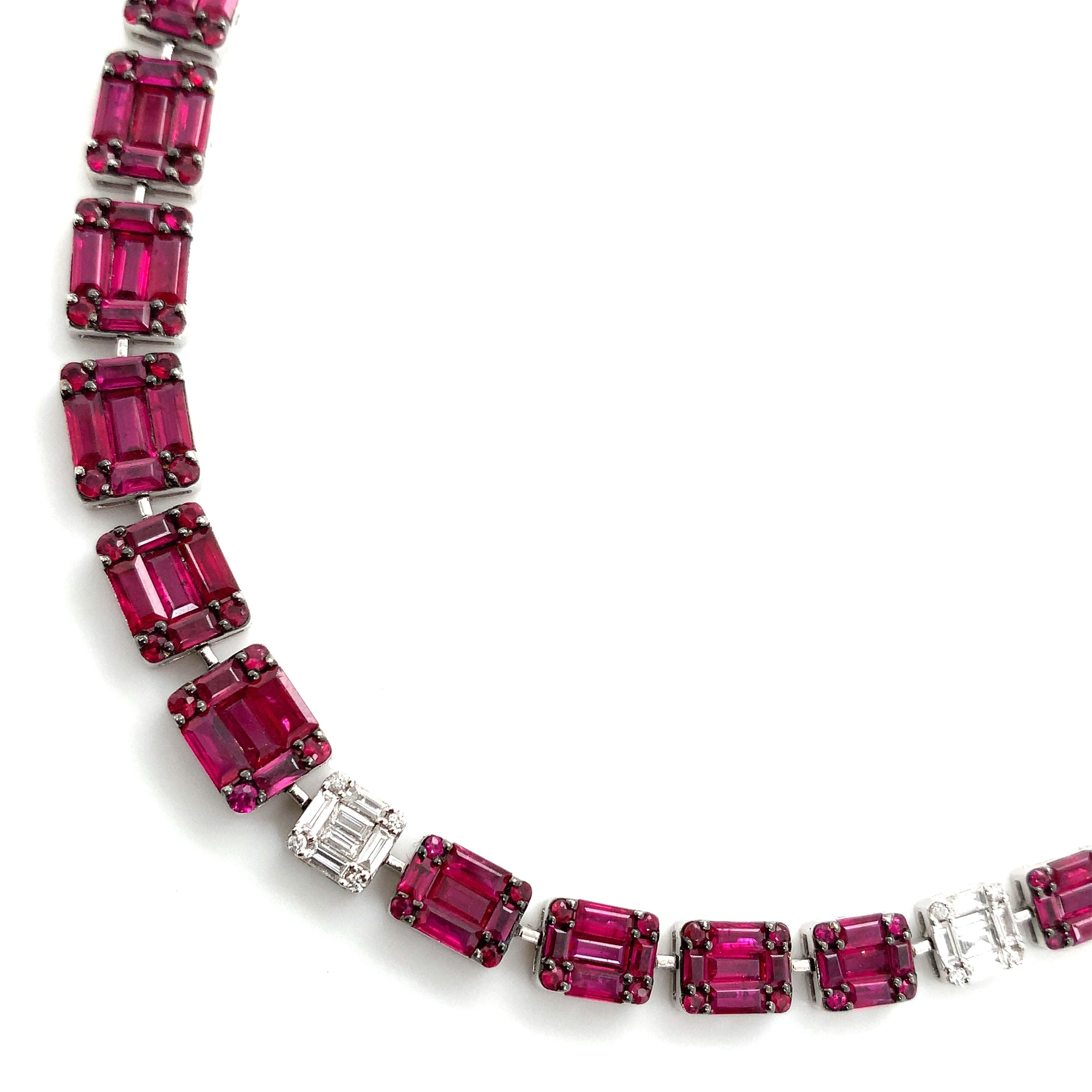 White Gold Gemstone Necklace with Diamond, Ruby Stones