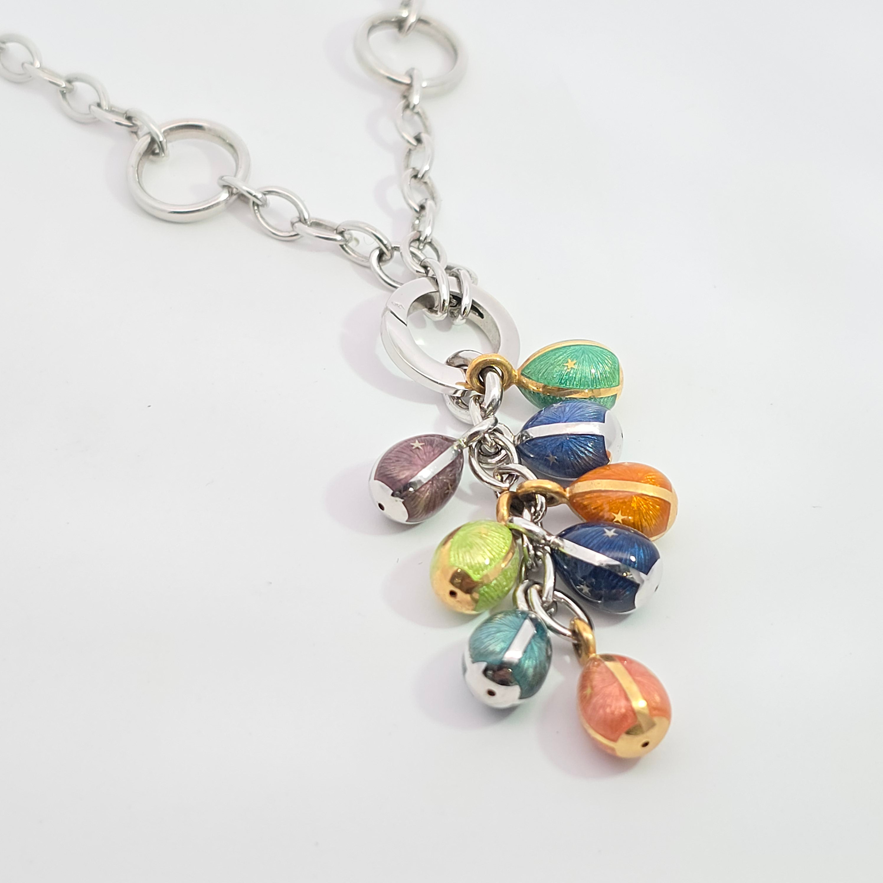 White Gold Chain Pendant Necklace with Diamond, Enamel Stones