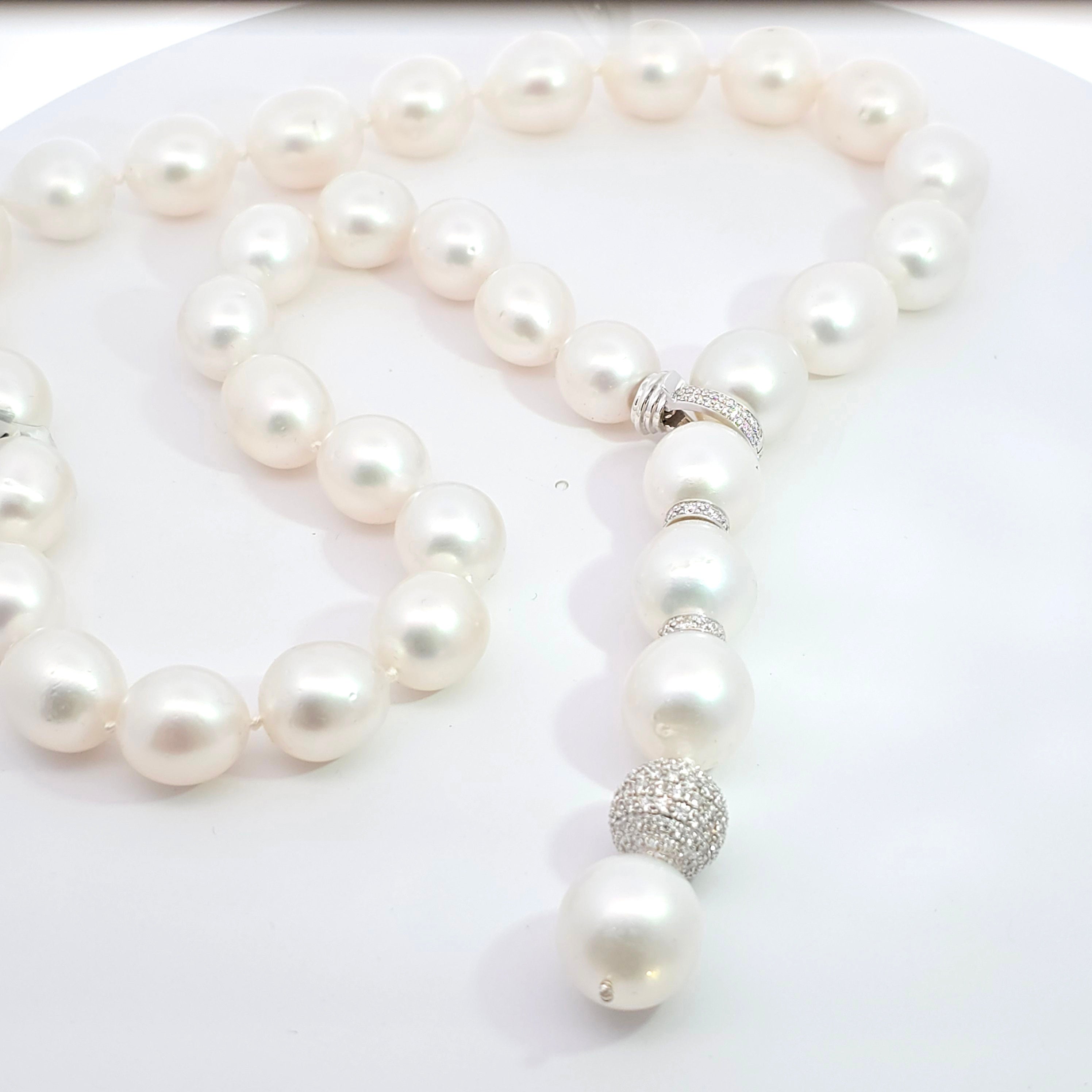 White Gold Bead Necklace with Diamond, Pearl Stones