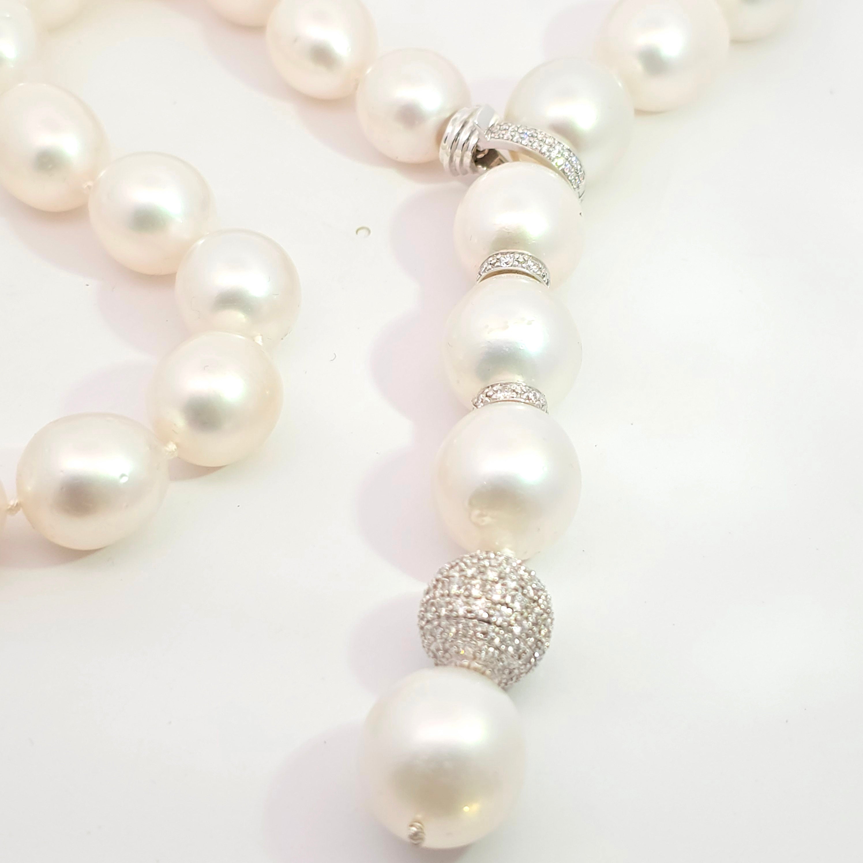 White Gold Bead Necklace with Diamond, Pearl Stones