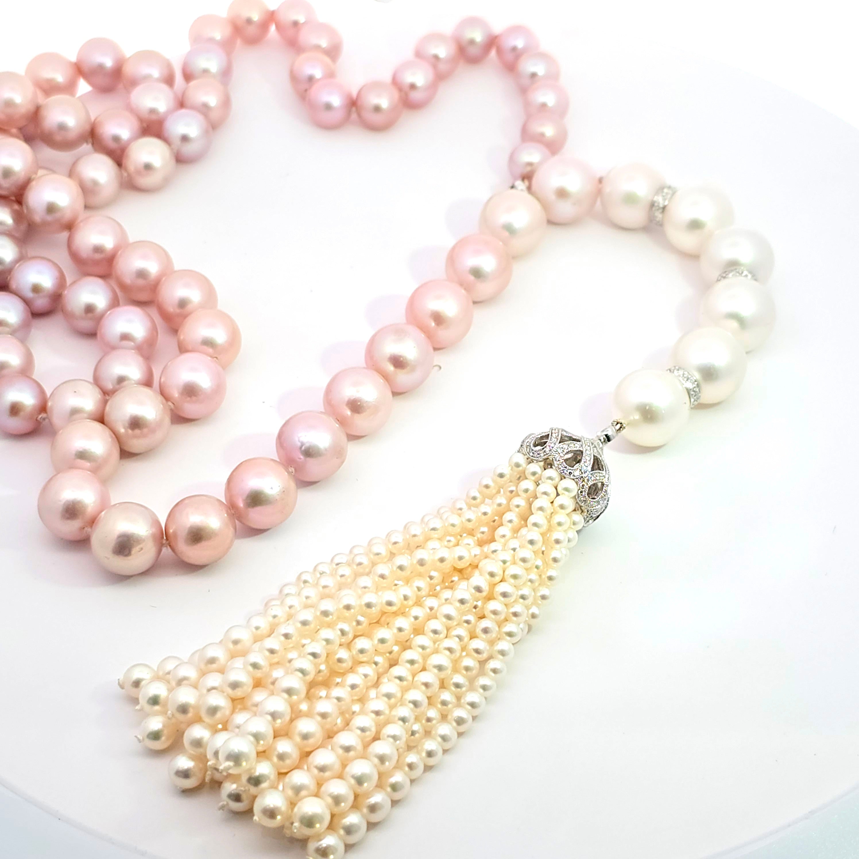 White Gold Bead Necklace with Diamond, Pearl Stones