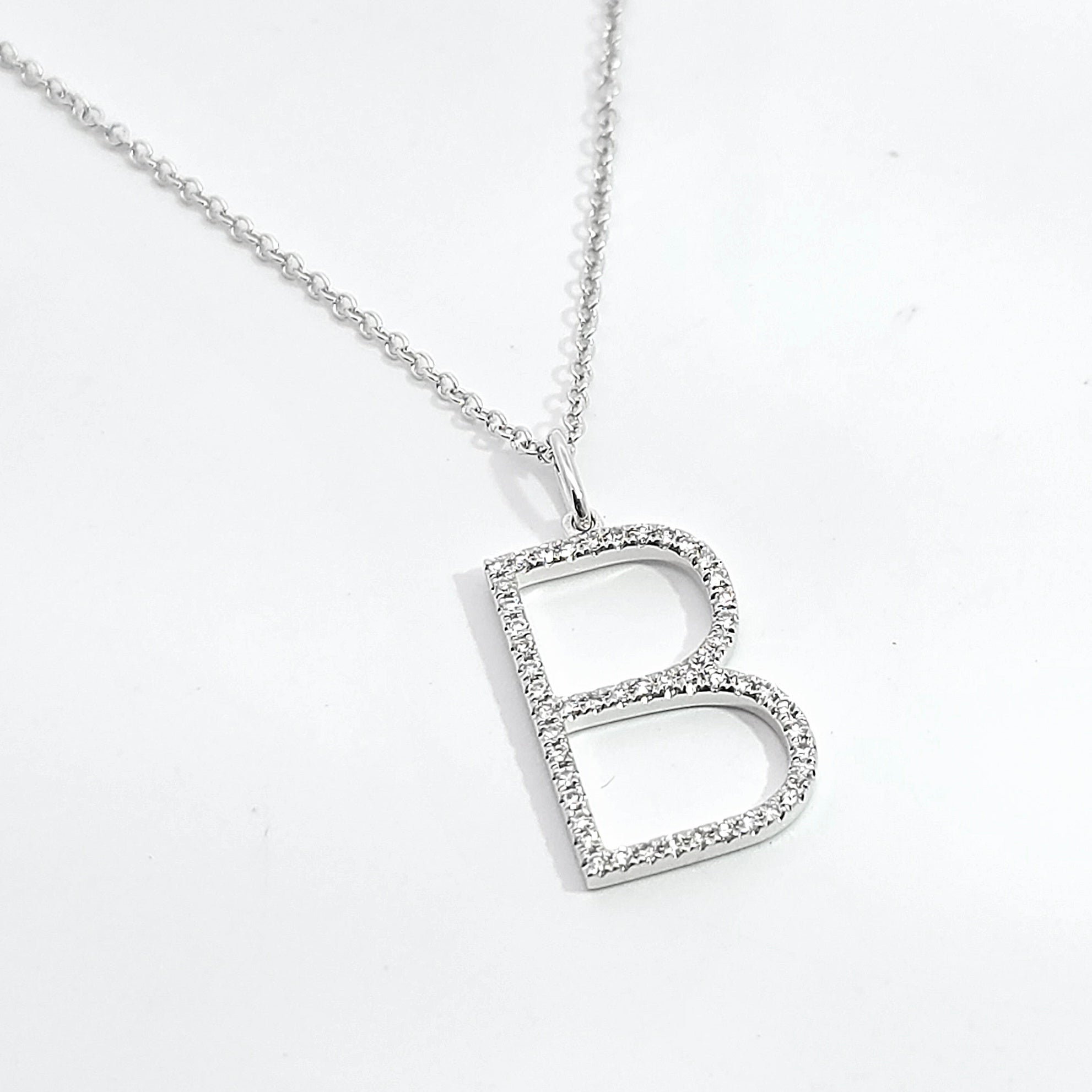 Letter B White Gold Chain Initial Necklace with Diamond Only Stones