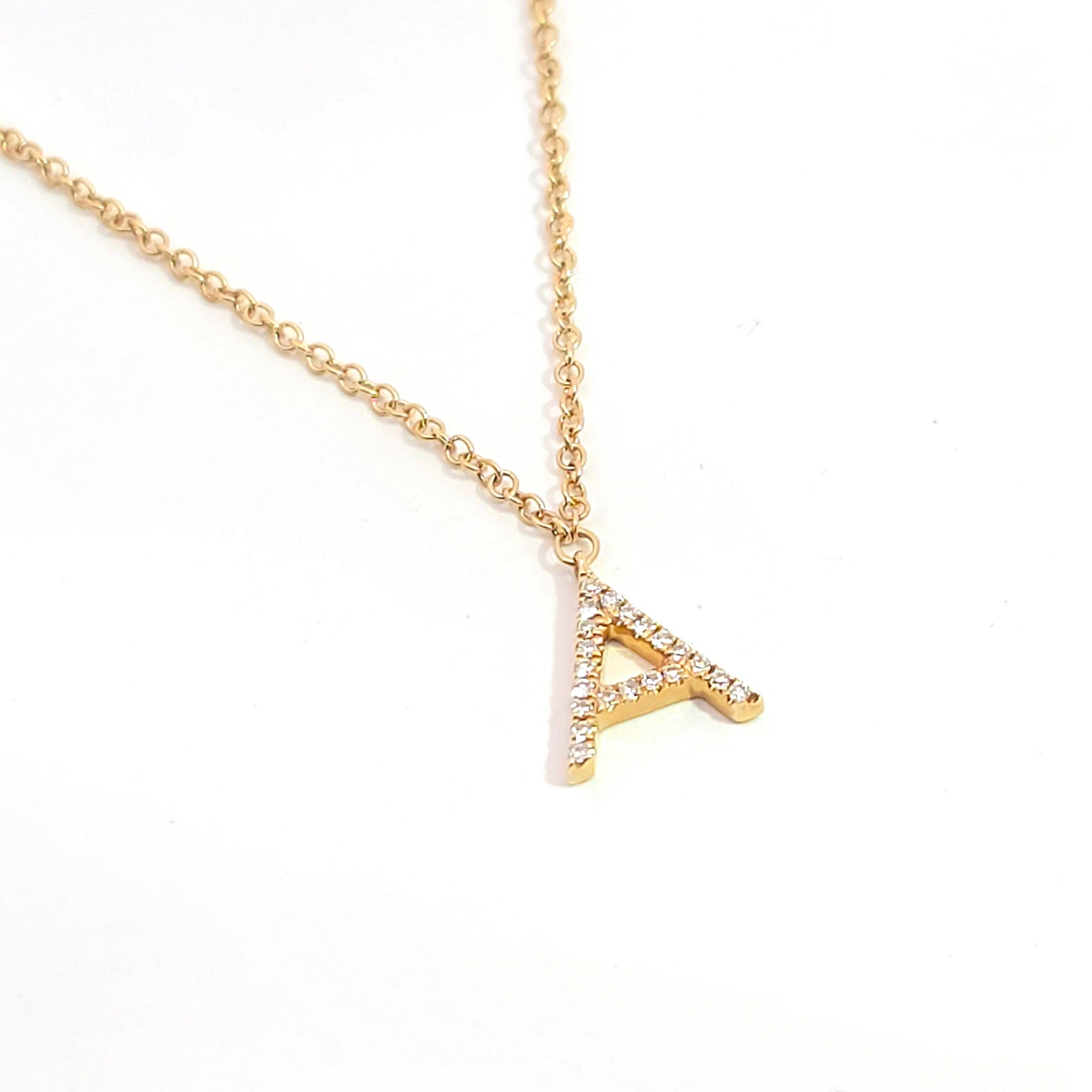 Letter A Yellow Gold Chain Initial Necklace with Diamond Only Stones