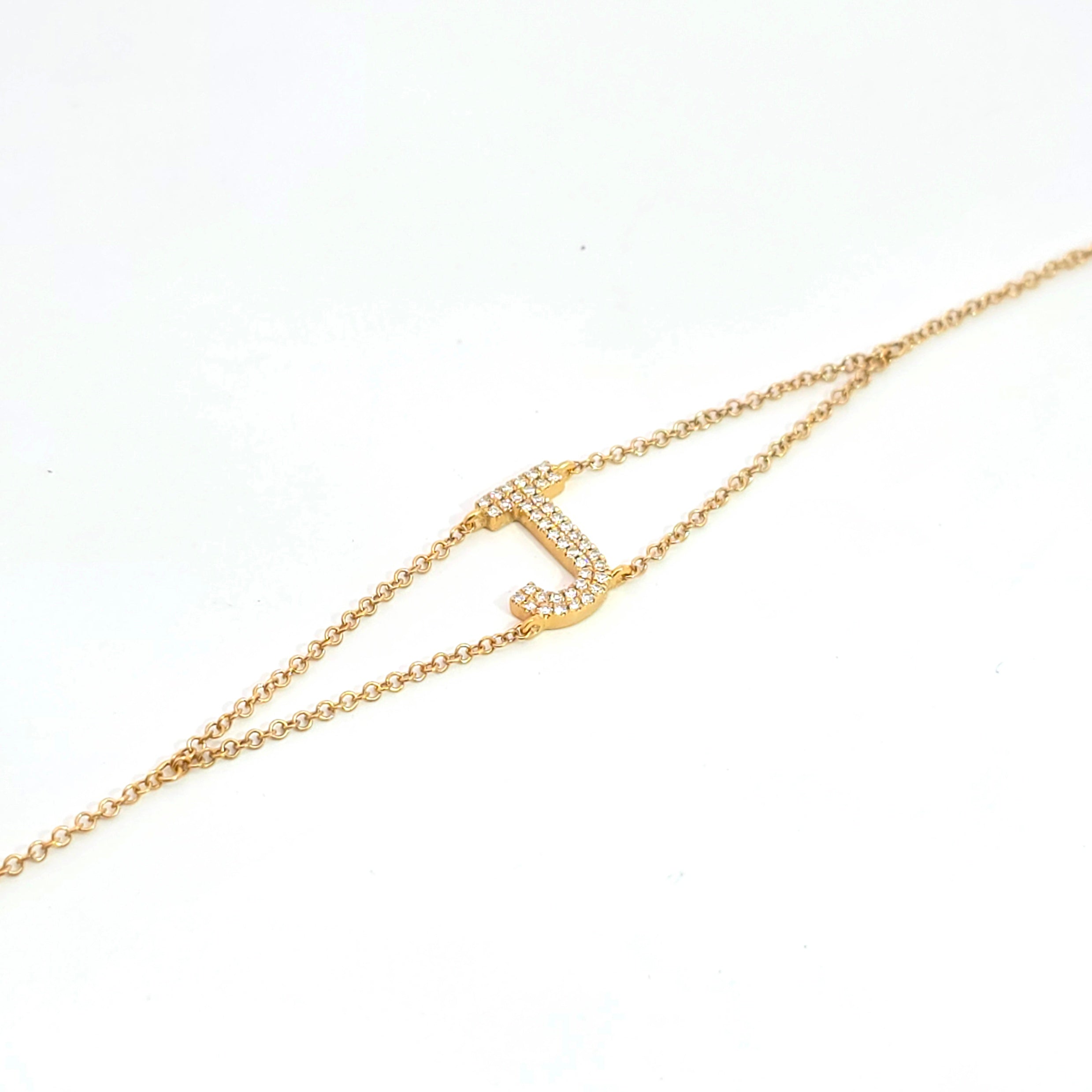 Letter J Yellow Gold Chain Initial Bracelet with Diamond Only Stones