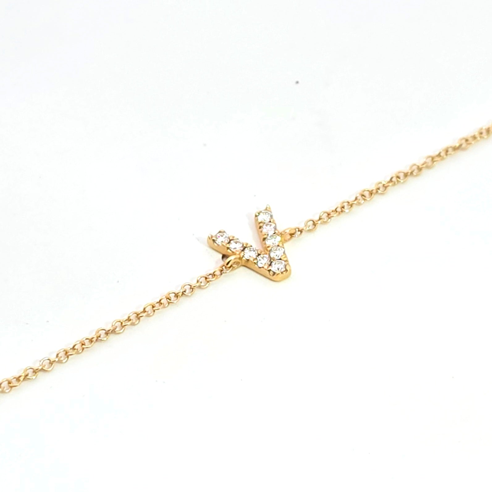 Letter V Yellow Gold Chain Initial Bracelet with Diamond Only Stones