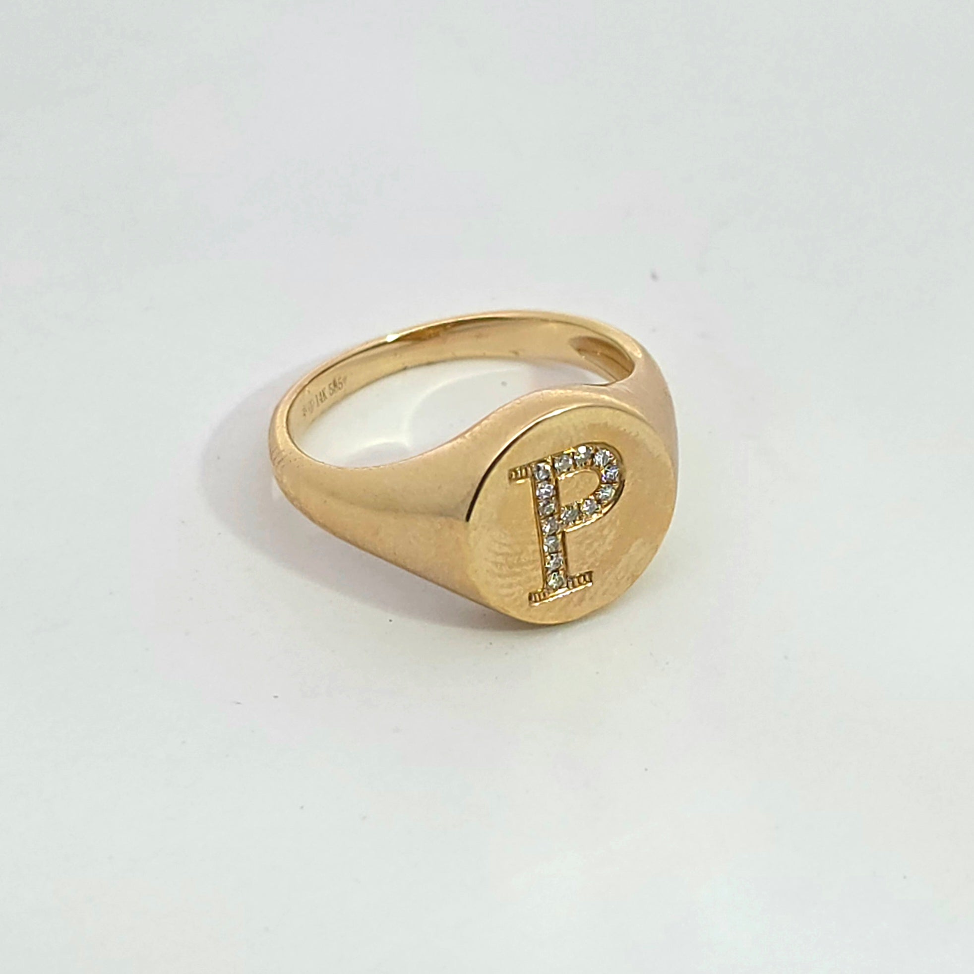 Letter P Yellow Gold Initial Ring with Diamond Only Stones