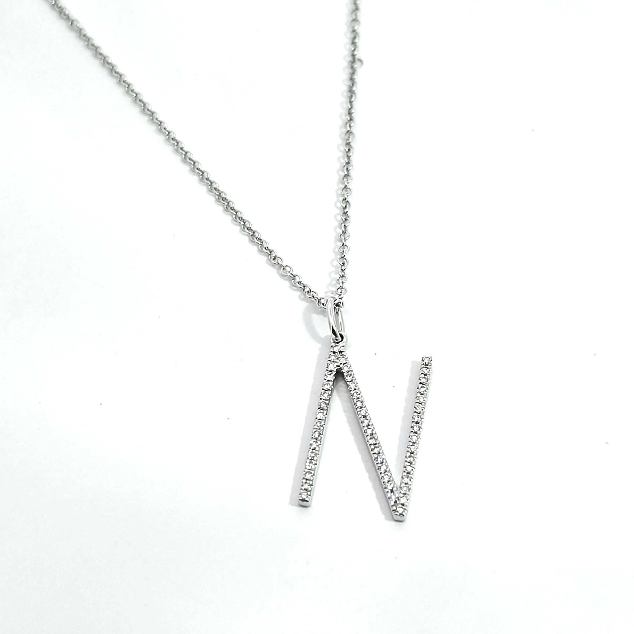Letter N White Gold Pendant Initial Necklace with Diamond Only Stones