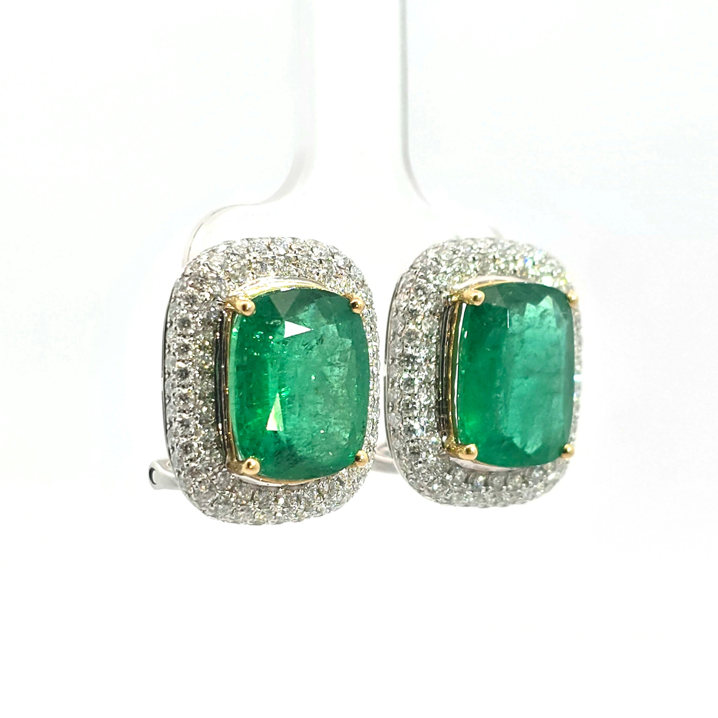 White Gold Stud Band Earrings with Diamond, Emerald Stones