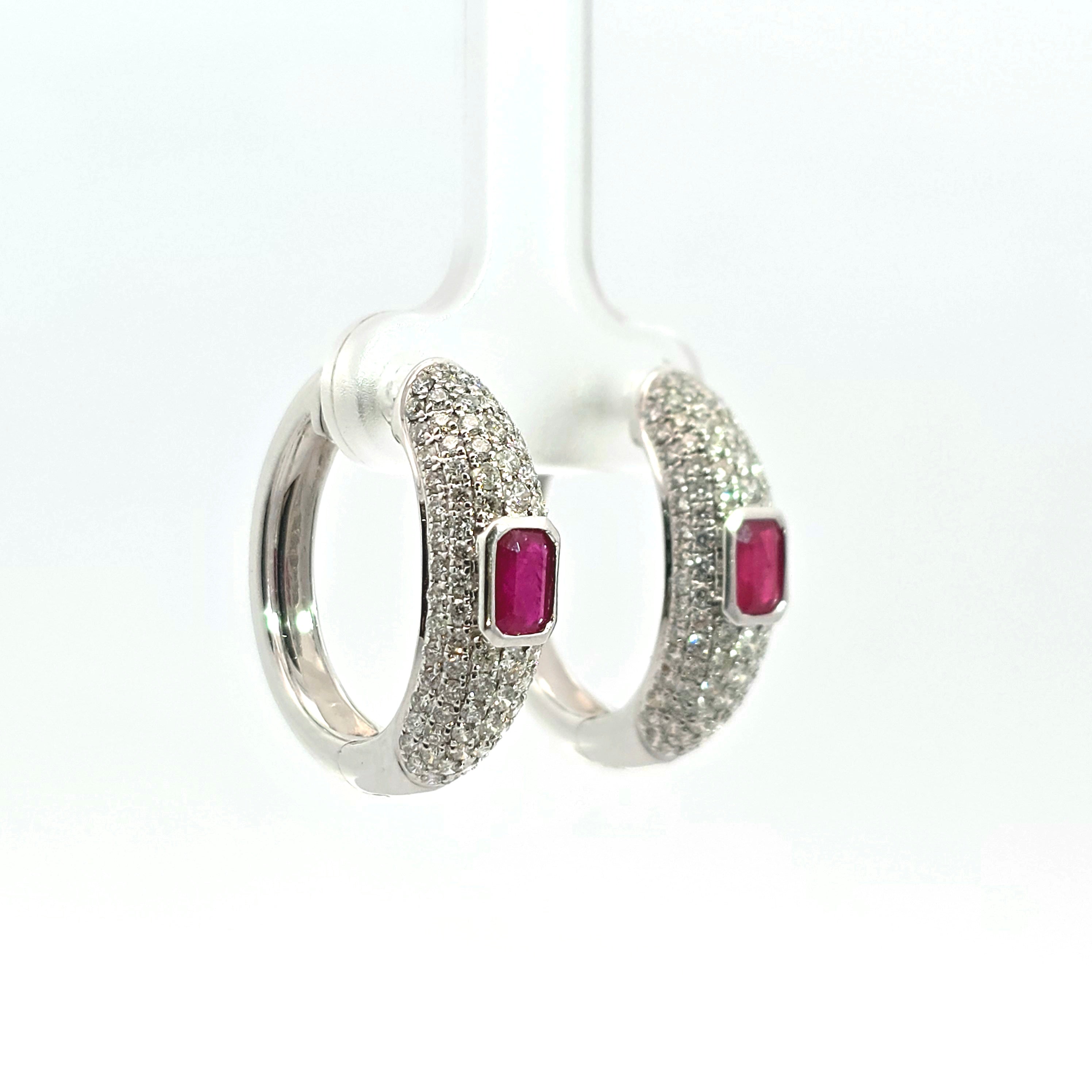 White Gold Hoop Earrings with Diamond, Ruby Stones