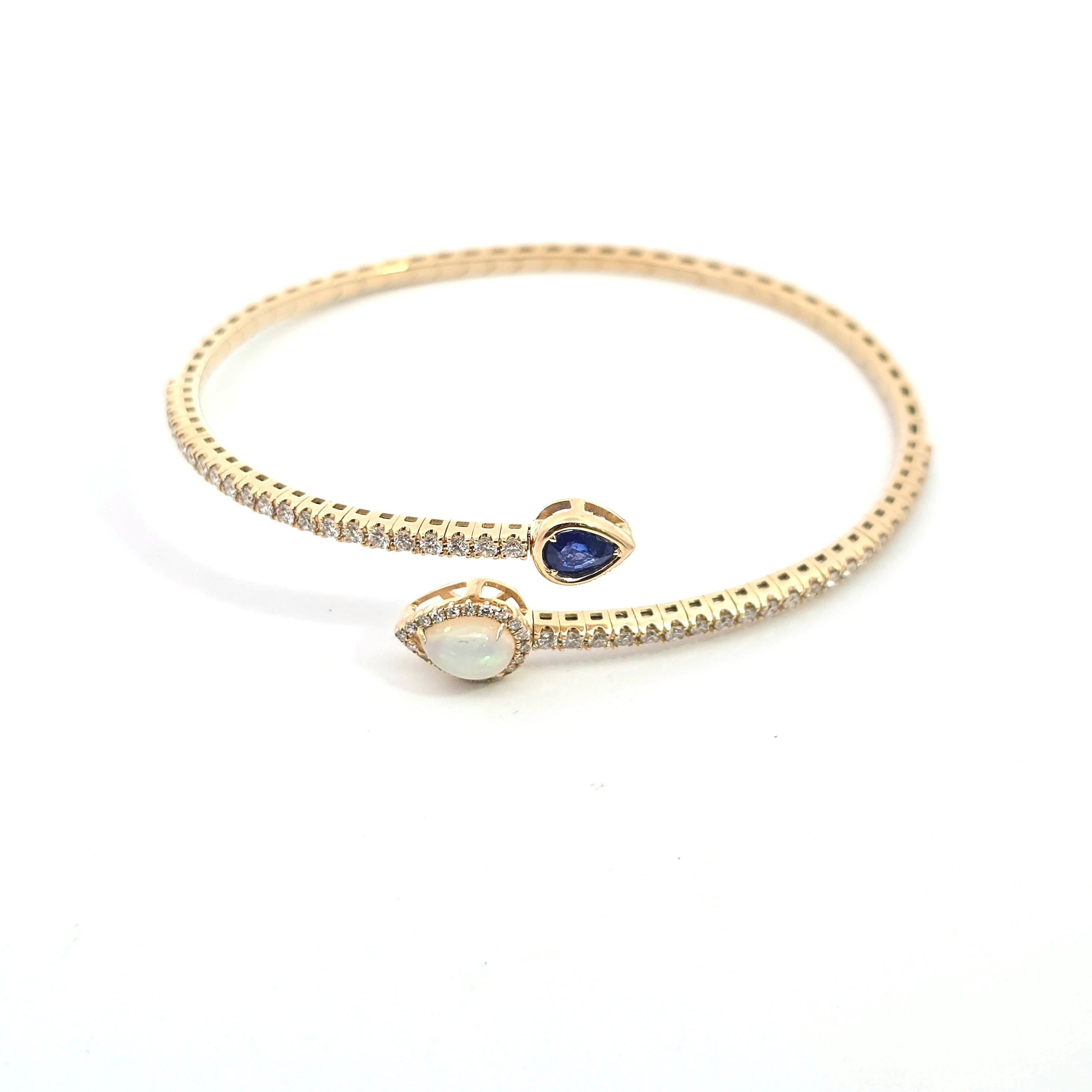 Yellow Gold Bangle Bracelet with Diamond, Opal, Sapphire Stones