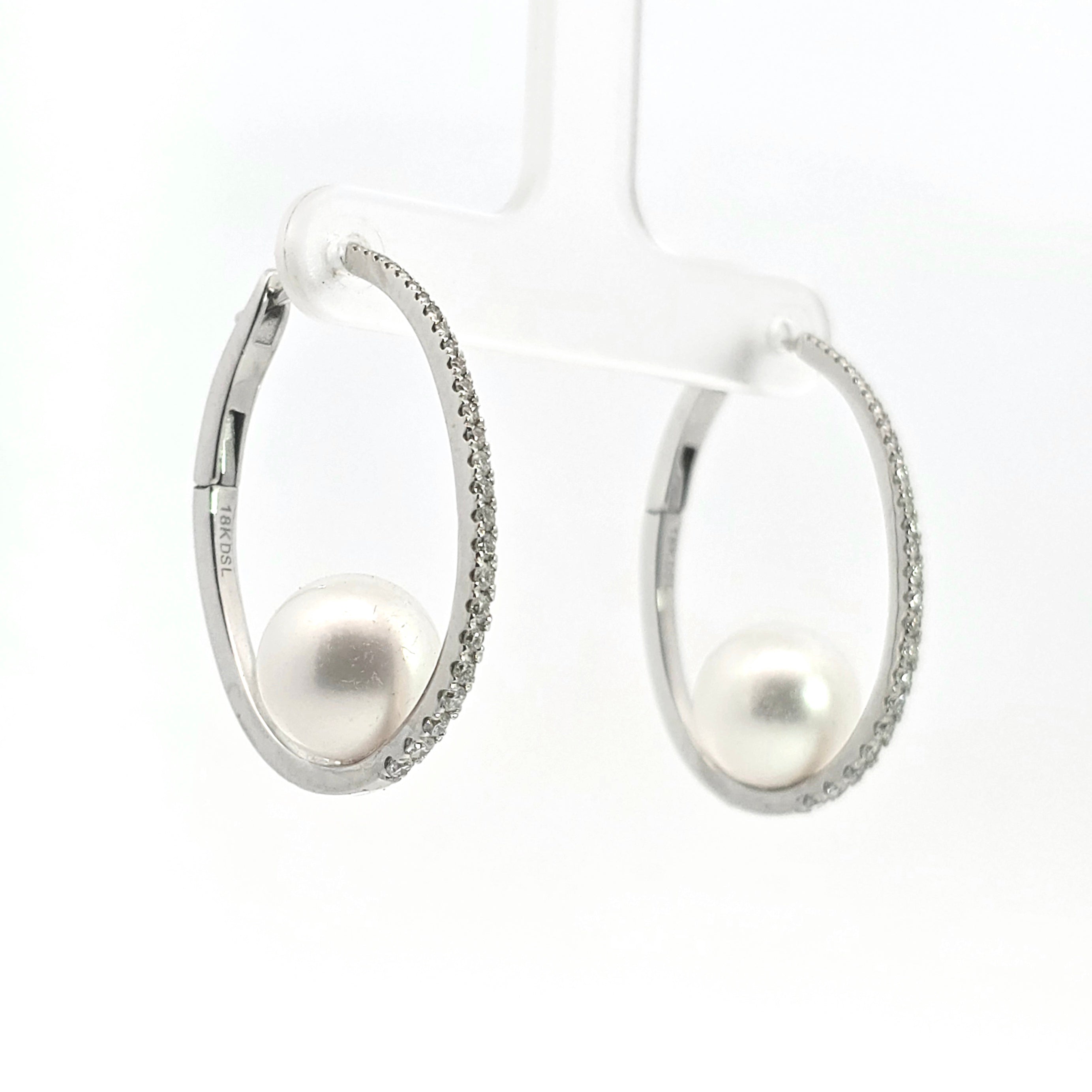 White Gold Hoop Earrings with Diamond, Pearl Stones