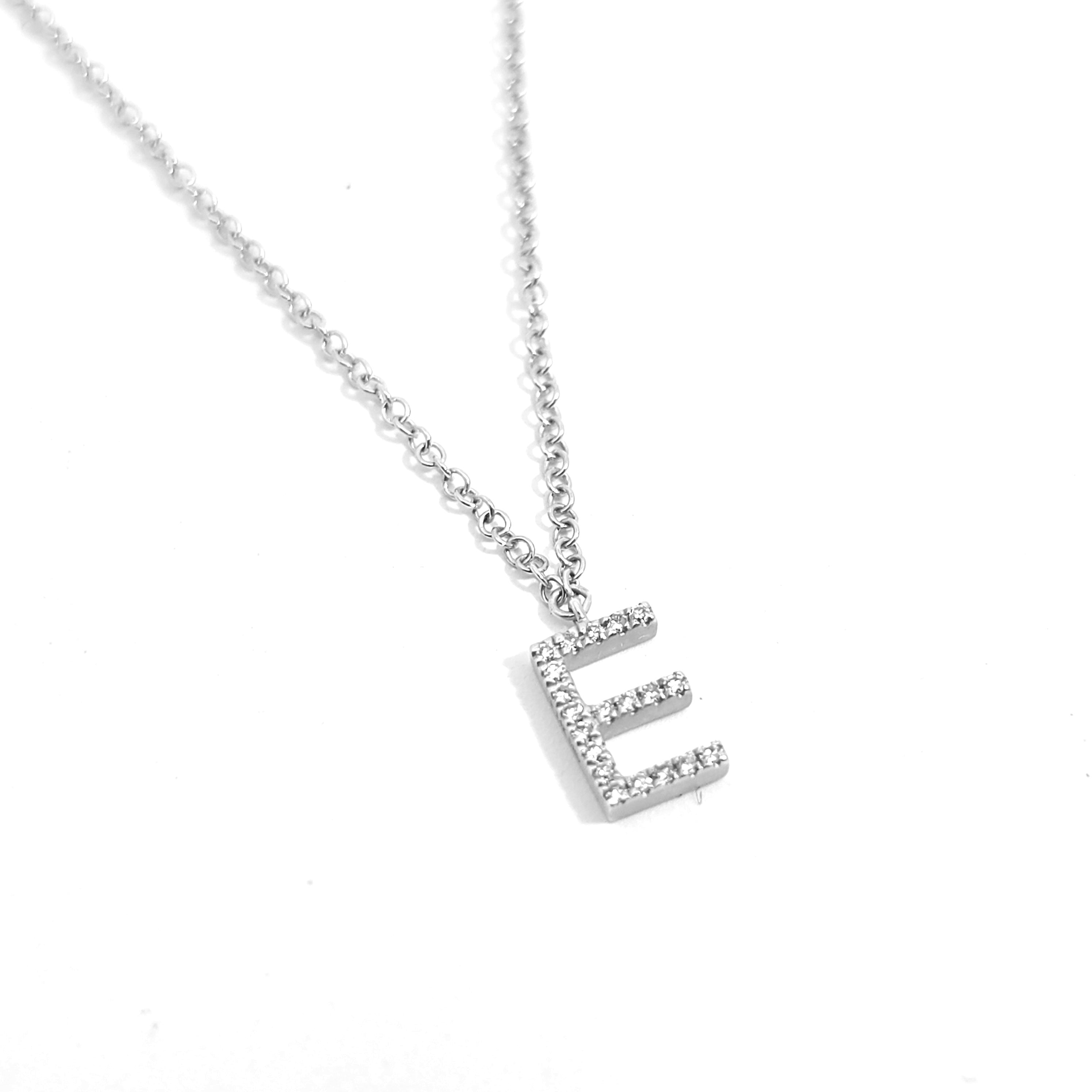Letter E White Gold Chain Pendant Initial Necklace with Diamond Only Stones