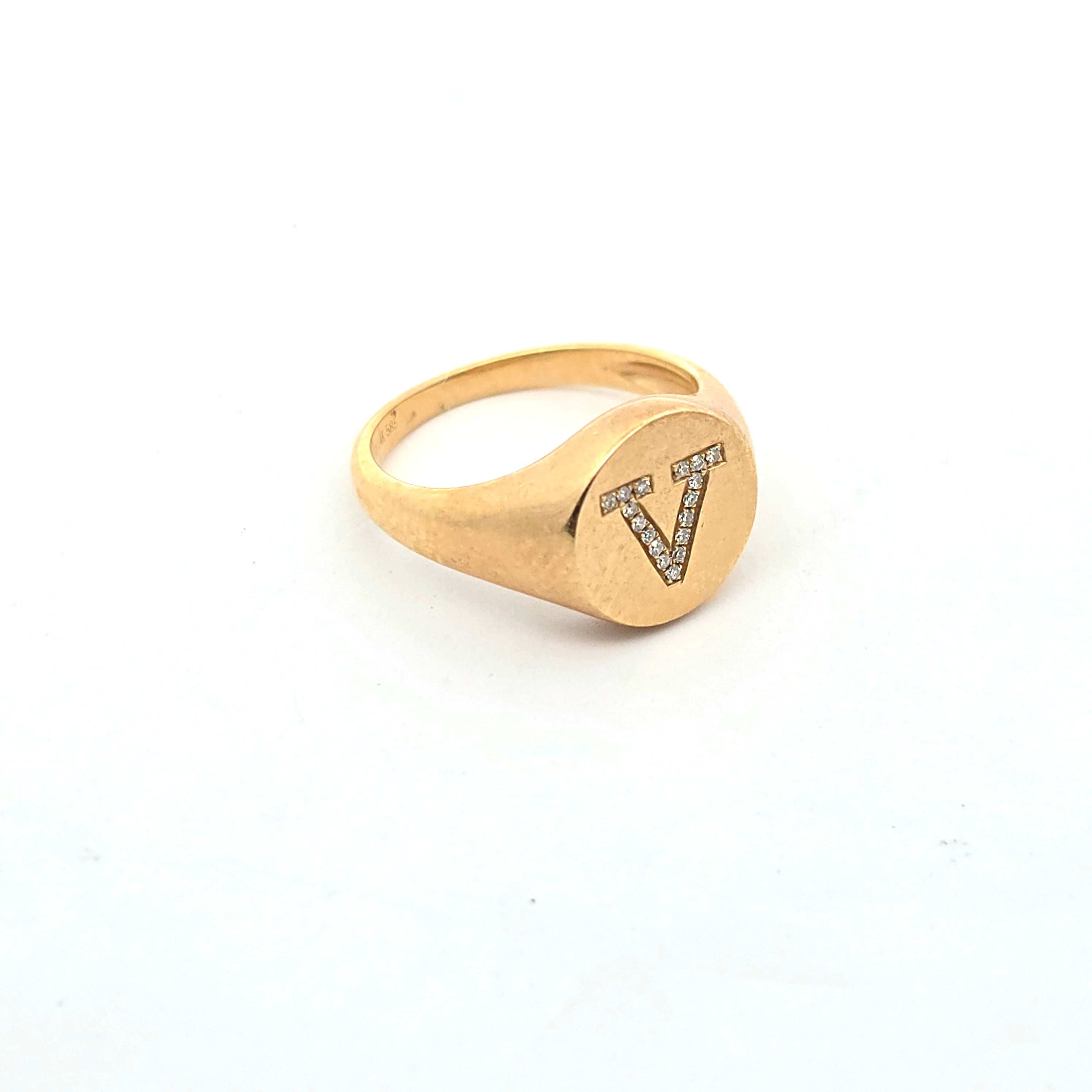 Letter V Yellow Gold Initial Ring with Diamond Only Stones