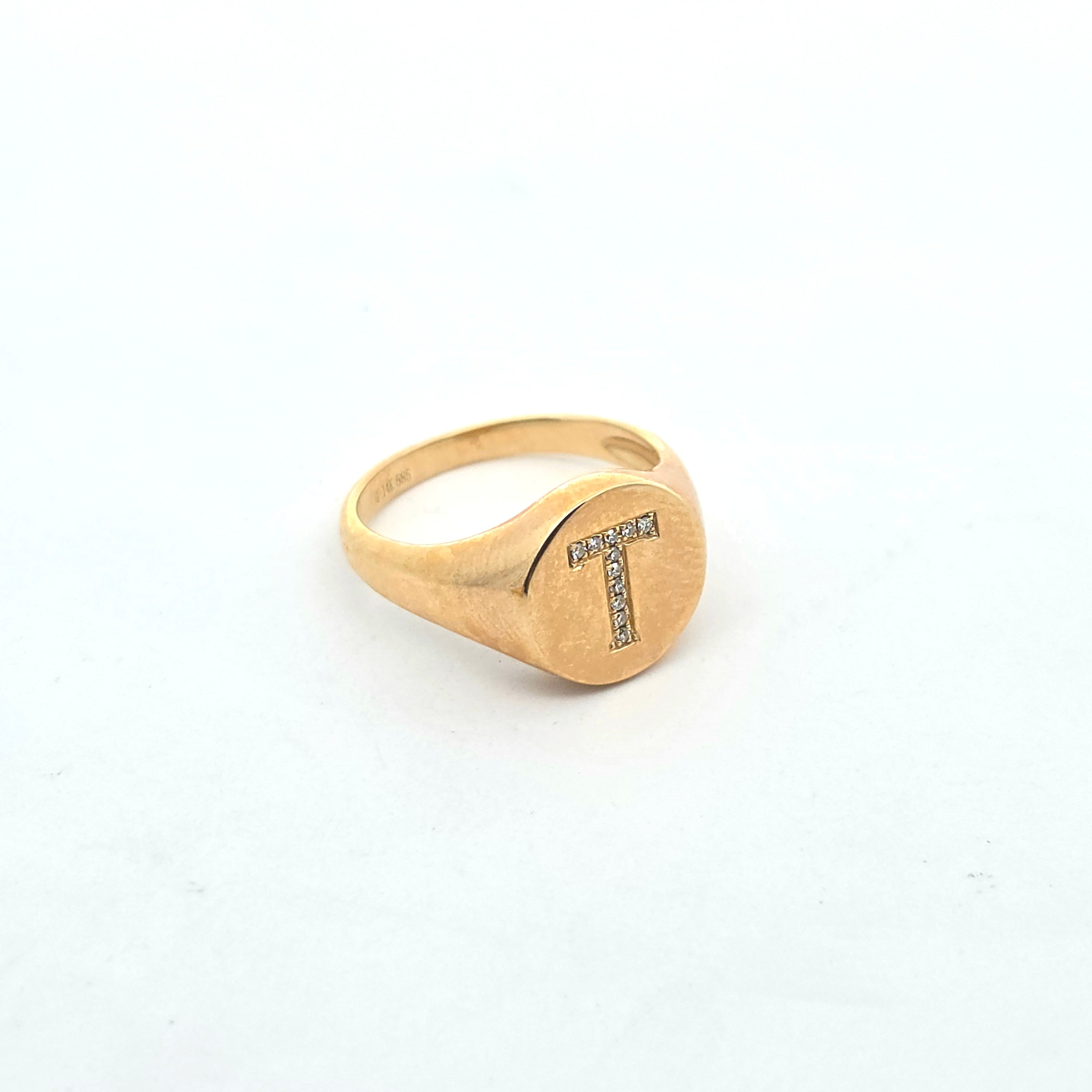 Letter T Yellow Gold Initial Ring with Diamond Only Stones