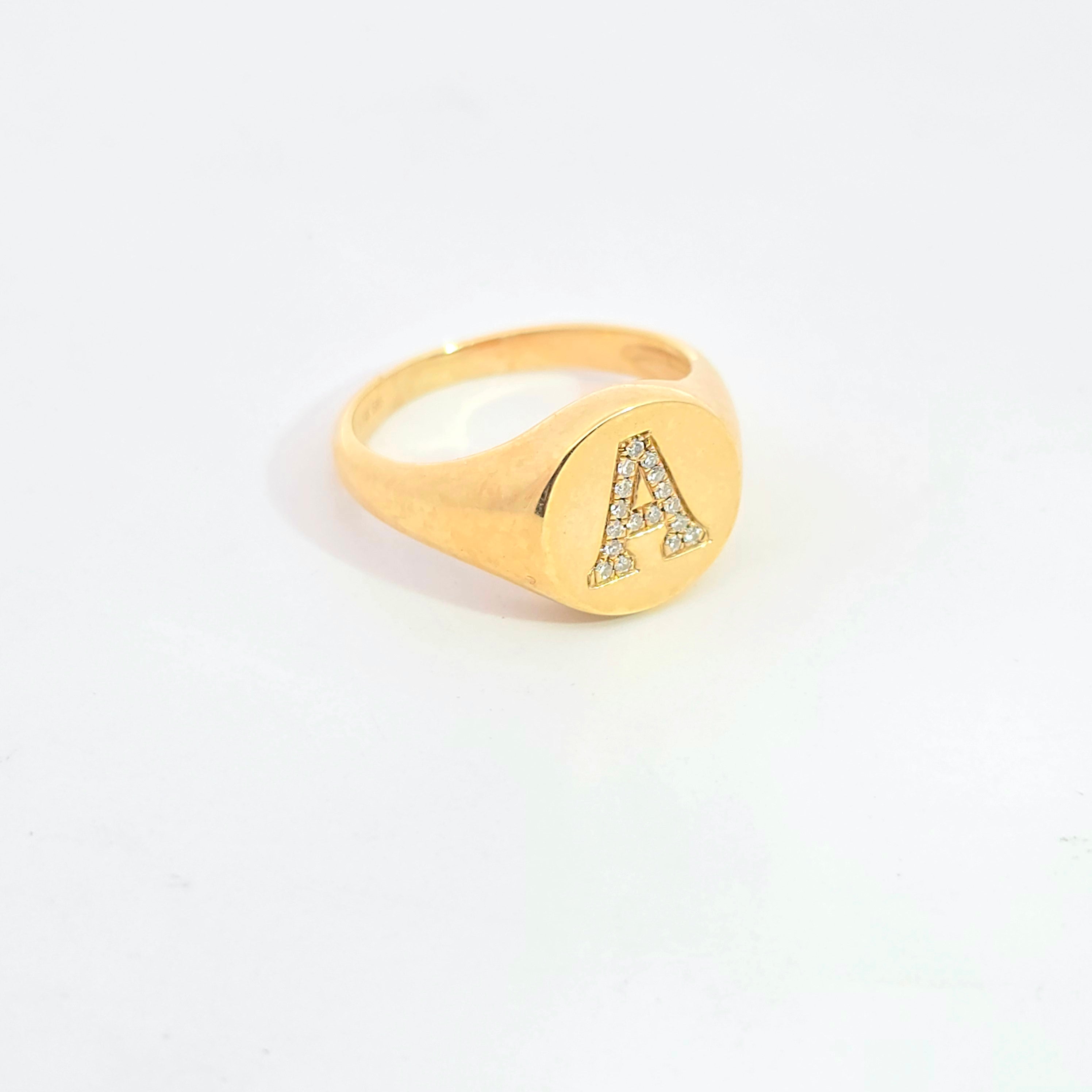 Letter A Yellow Gold Initial Ring with Diamond Only Stones
