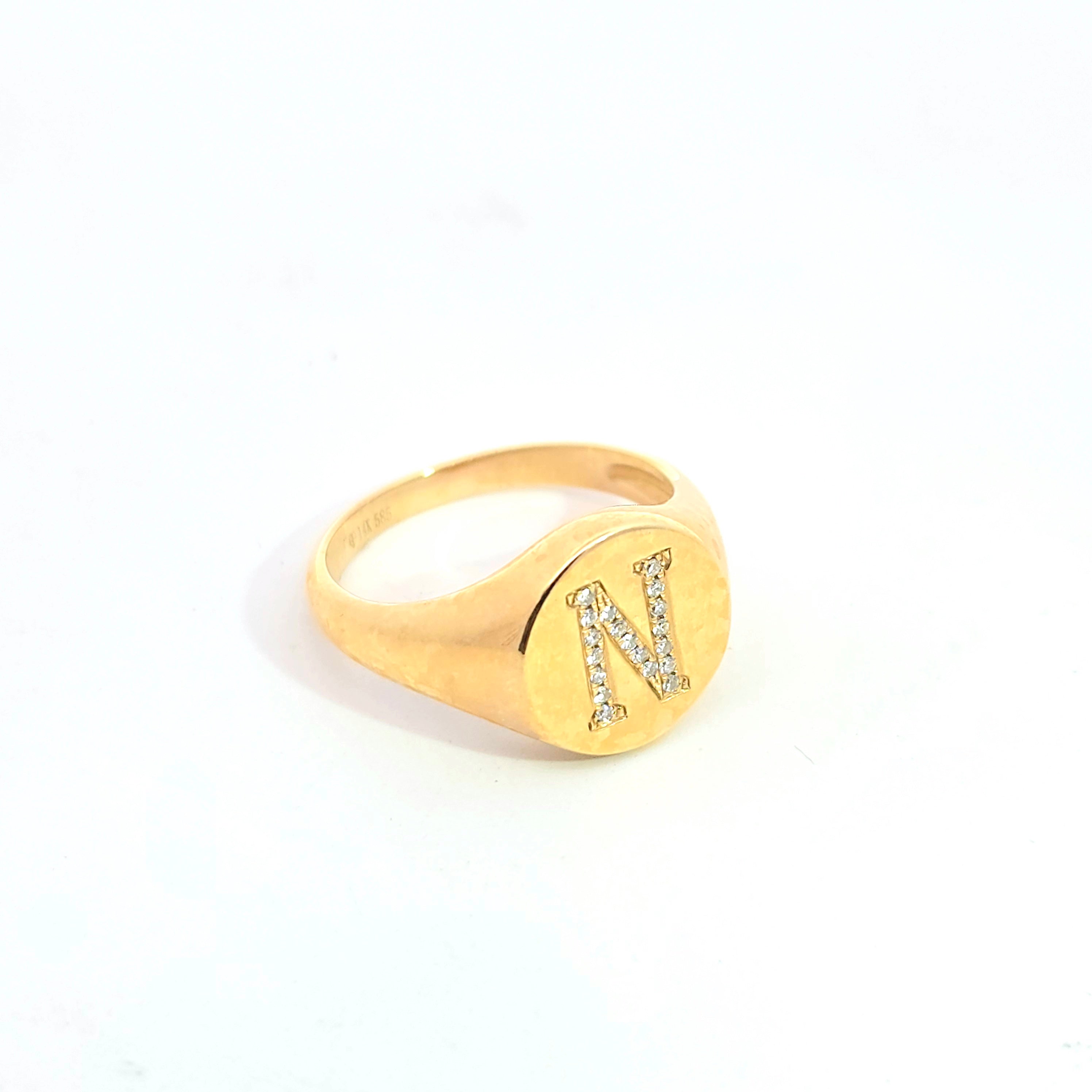Letter N Yellow Gold Initial Ring with Diamond Only Stones