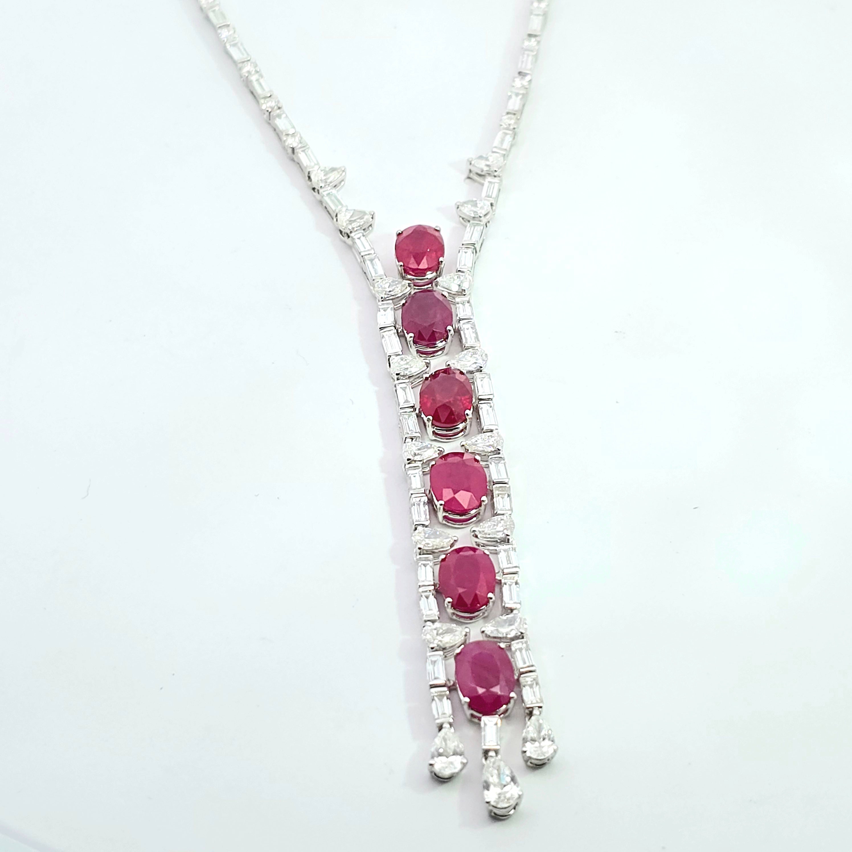 White Gold Gemstone Y-Shape Necklace with Diamond, Ruby Stones
