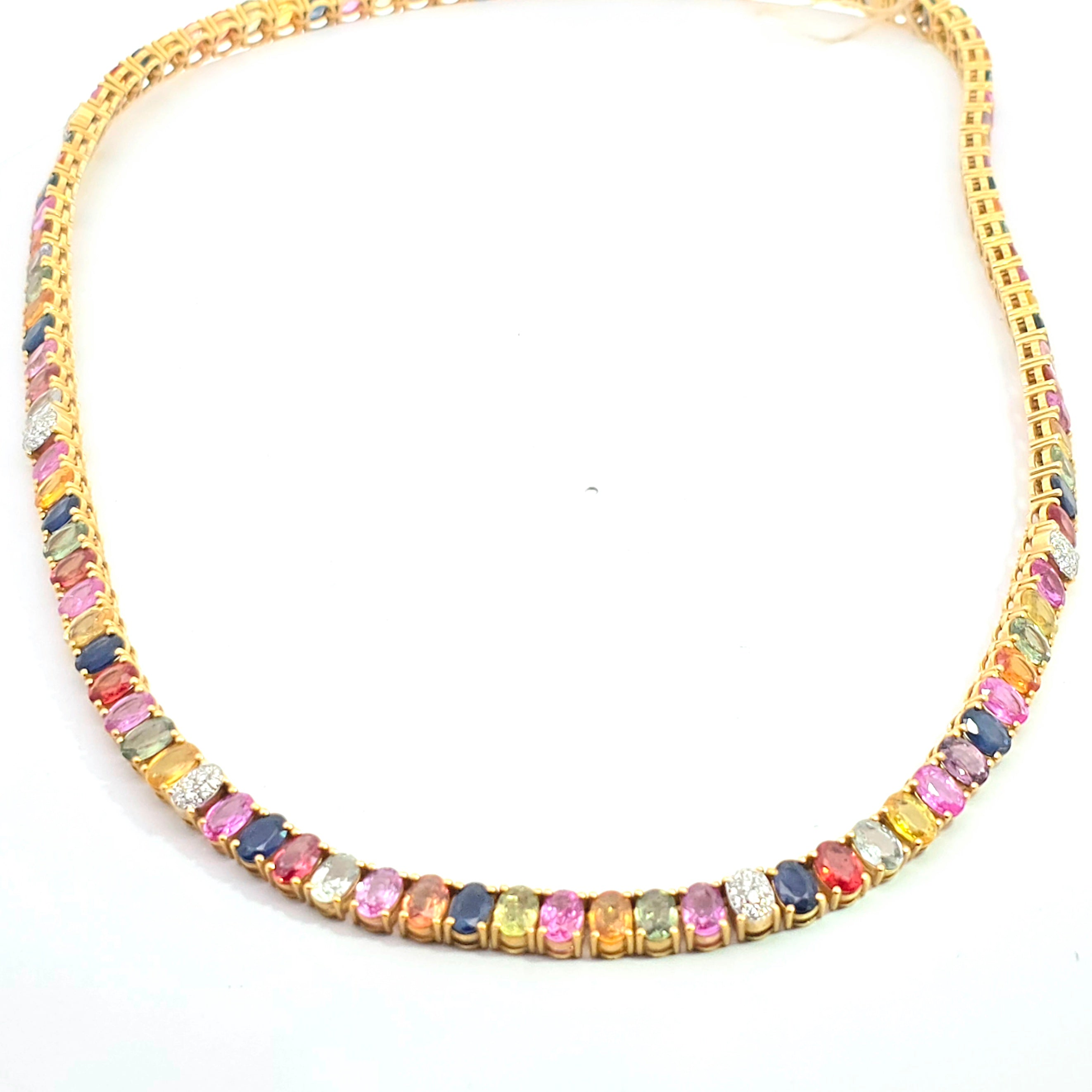 Yellow Gold Gemstone Tennis Necklace With Sapphire, Diamond Stones