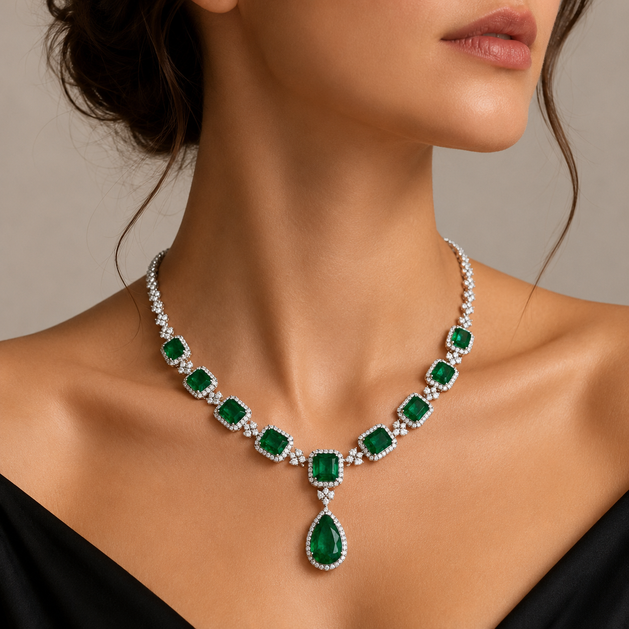 White Gold Emerald and Diamond Necklace