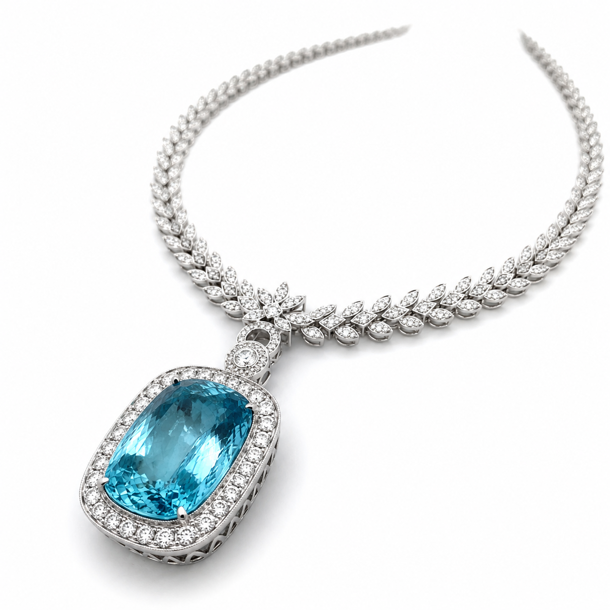 White Gold Aquamarine and Diamond Necklace