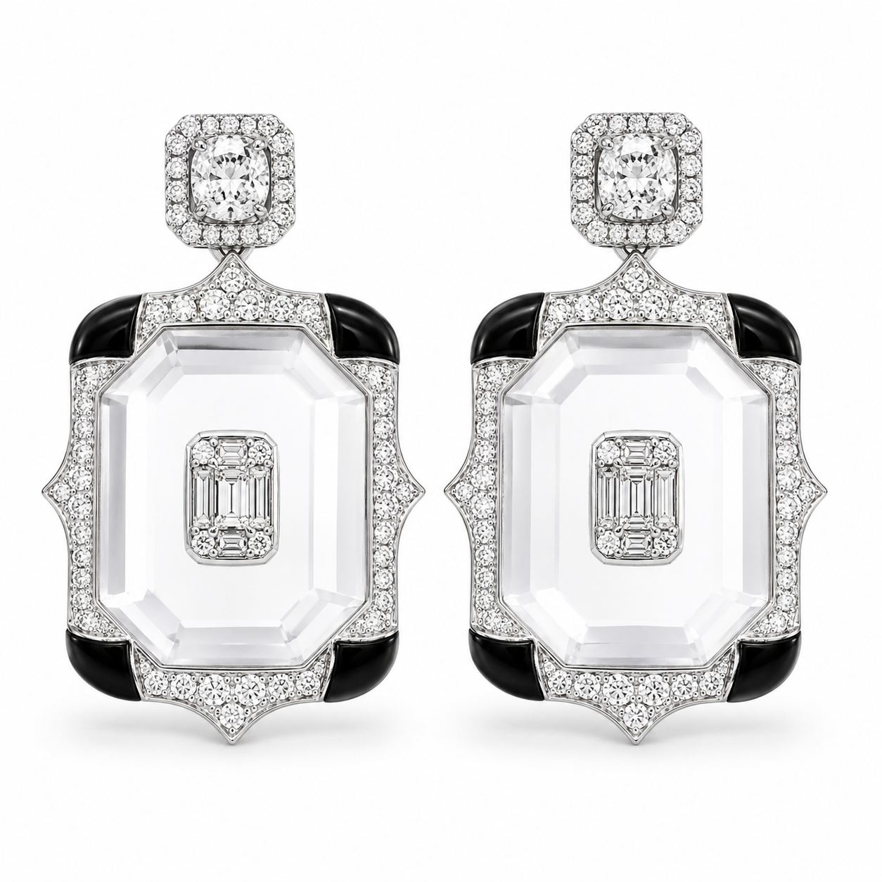 White Gold Diamond Cristal and Onix Earrings