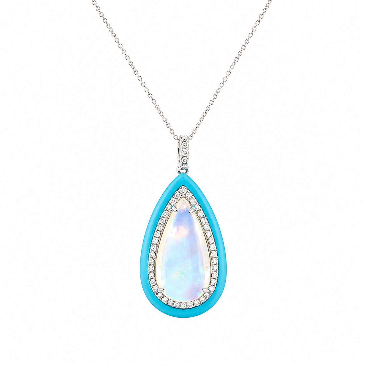 White Gold Opal Turquoise and Diamond Pendant