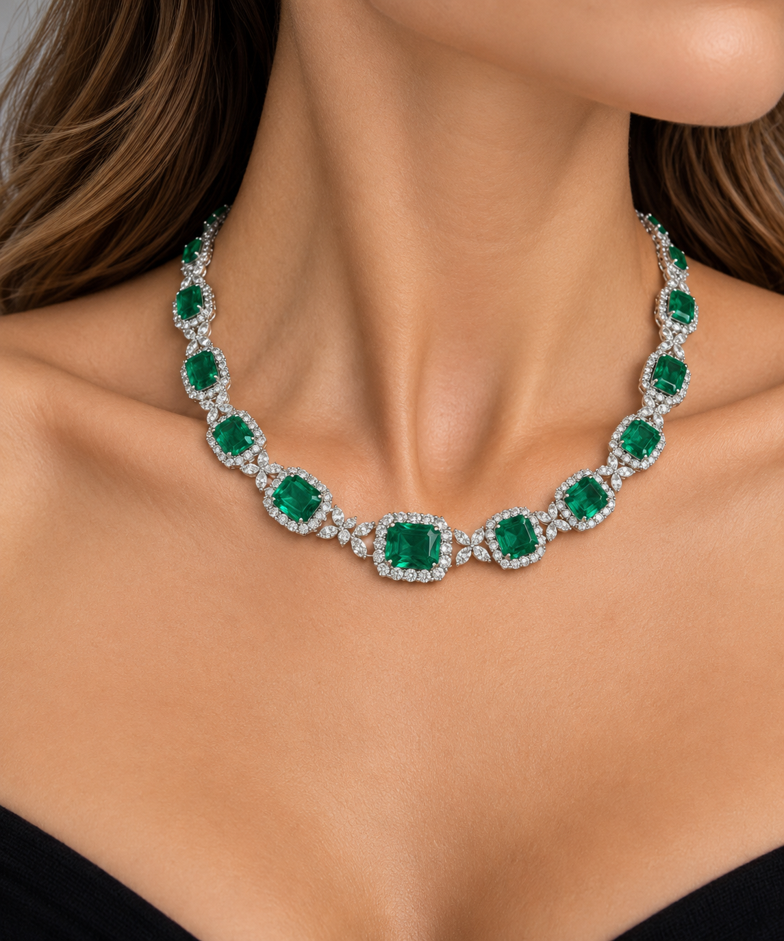 White Gold Emerald and Diamond Necklace