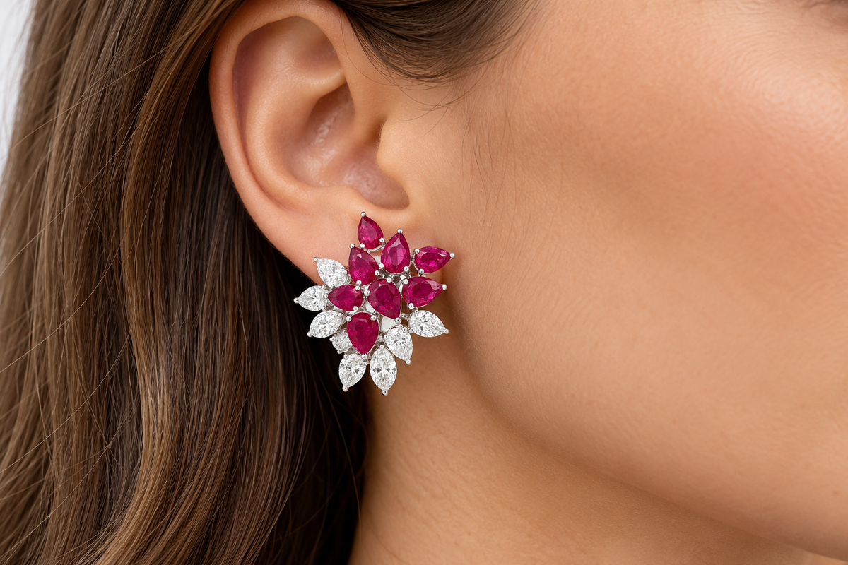 White Gold Ruby and Diamond Earrings