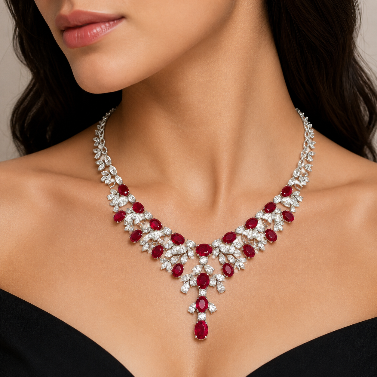 White Gold Ruby and Diamond Necklace