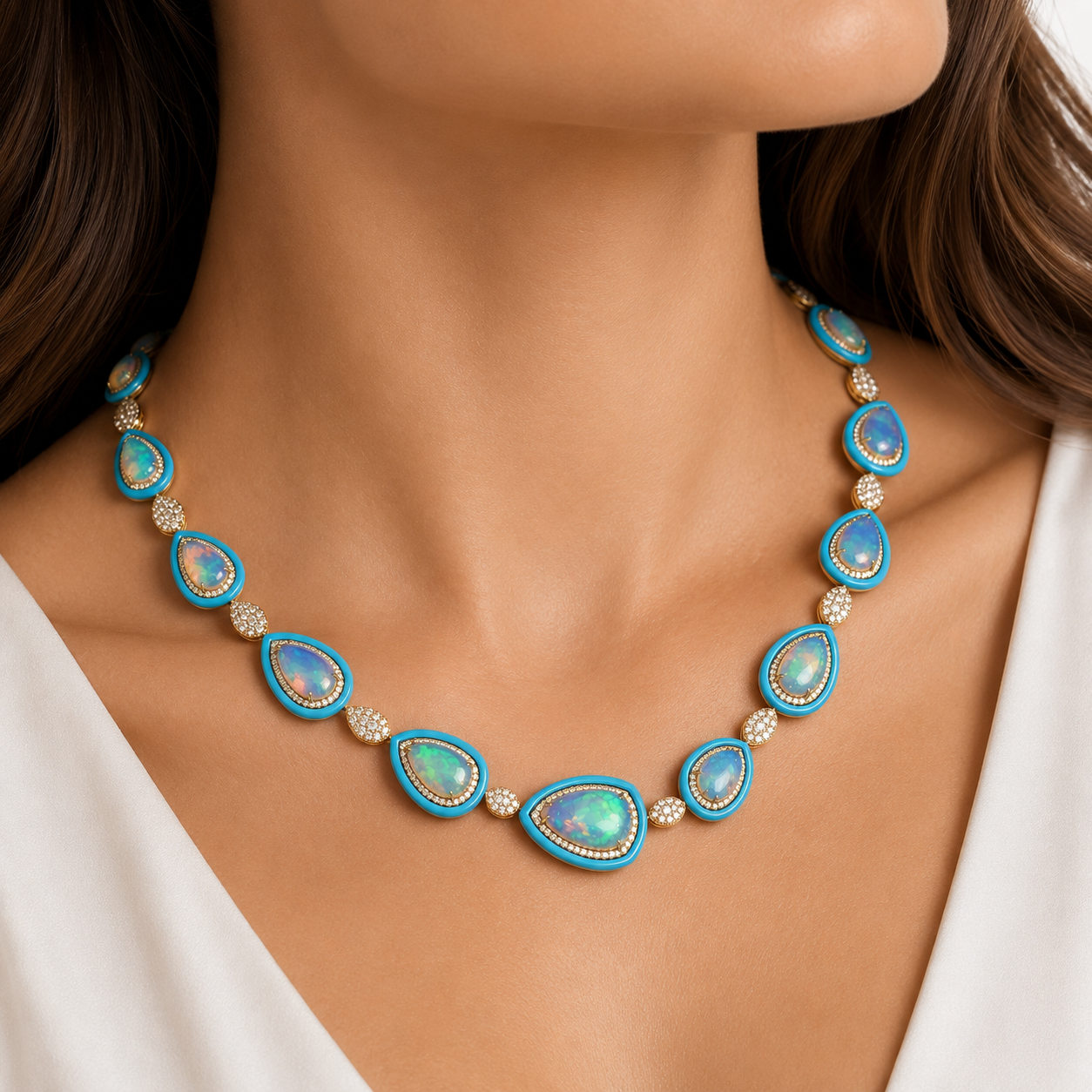 White Gold Opal Turquoise and Diamond Pendant