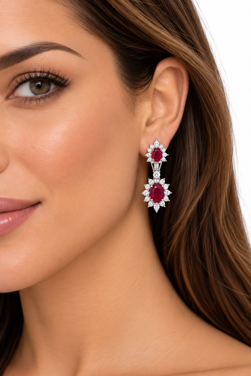 White Gold Ruby and Diamond Earrings