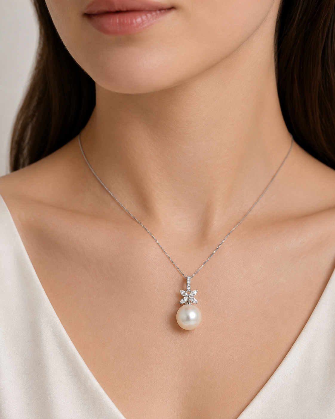 White Gold Pearl and Diamond Pendant