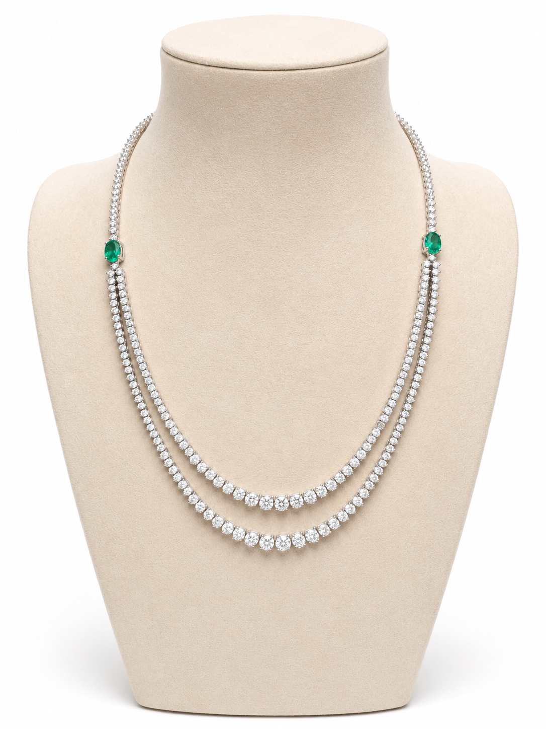 White Gold Diamond and Emerald Necklace