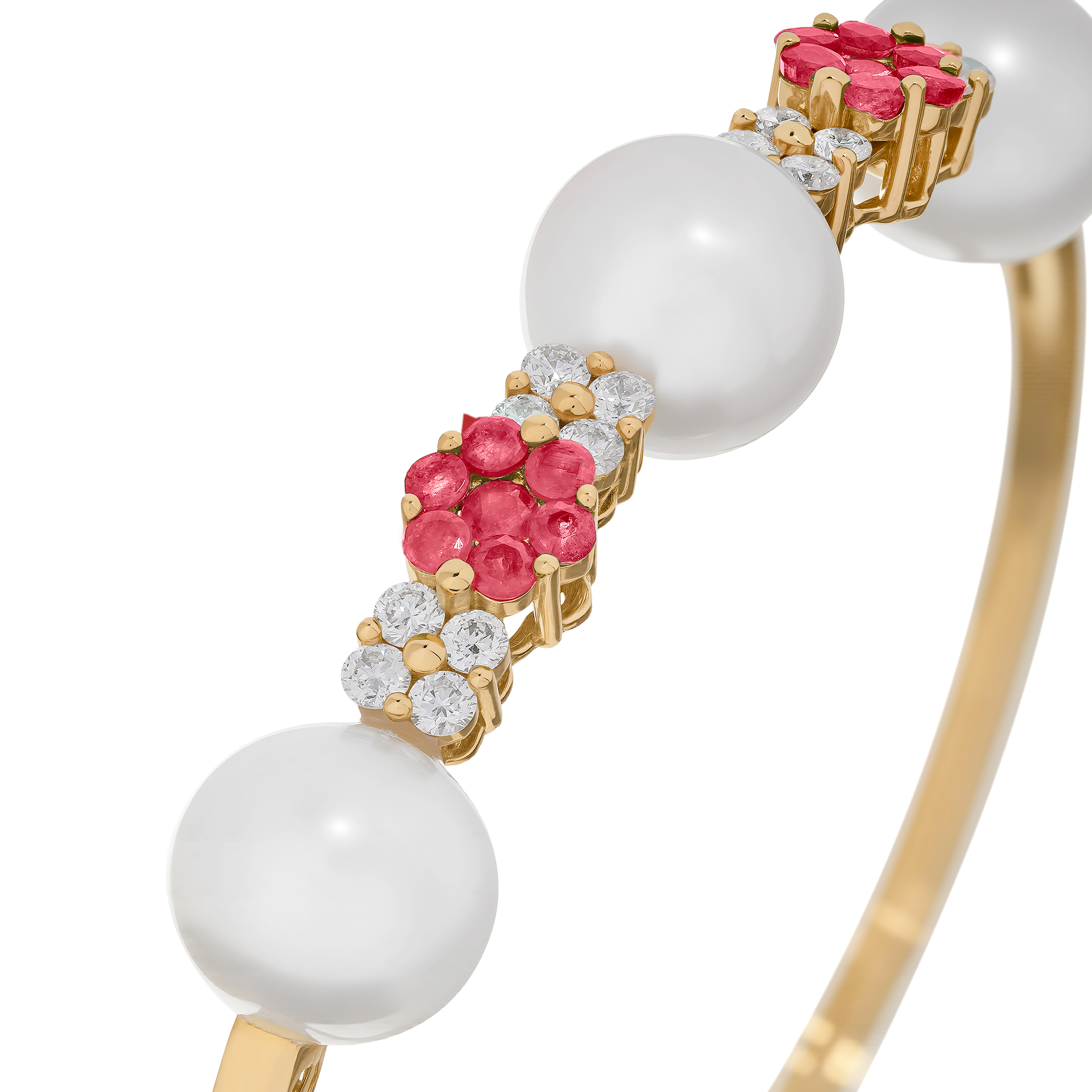 Yellow Gold Bangle Bracelet with Diamond, Pearl Stones