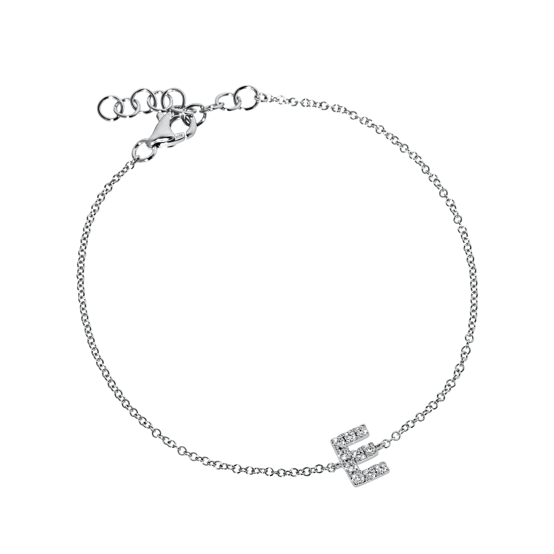 Letter E White Gold Initial Bracelet with Diamond Only Stones