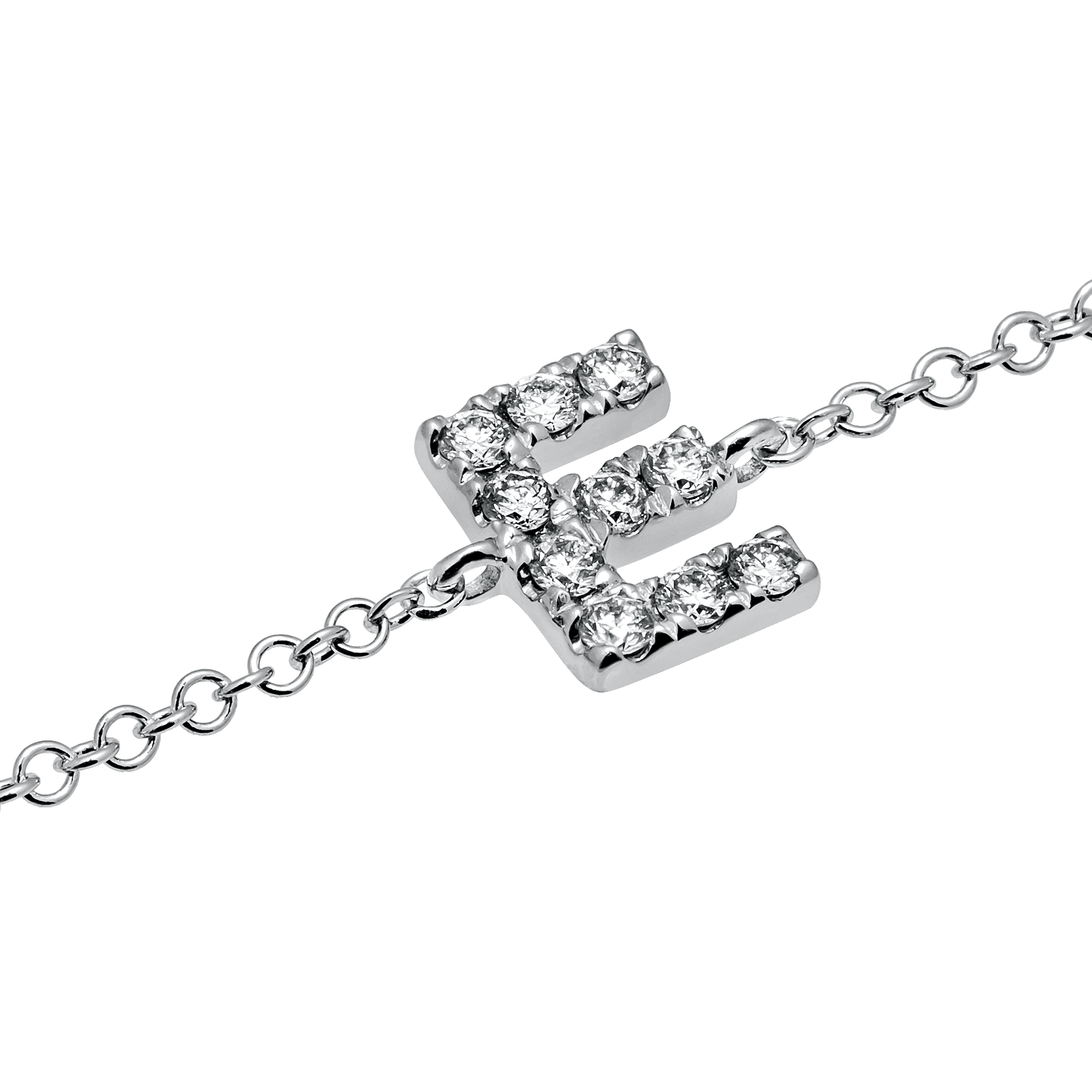Letter E White Gold Initial Bracelet with Diamond Only Stones