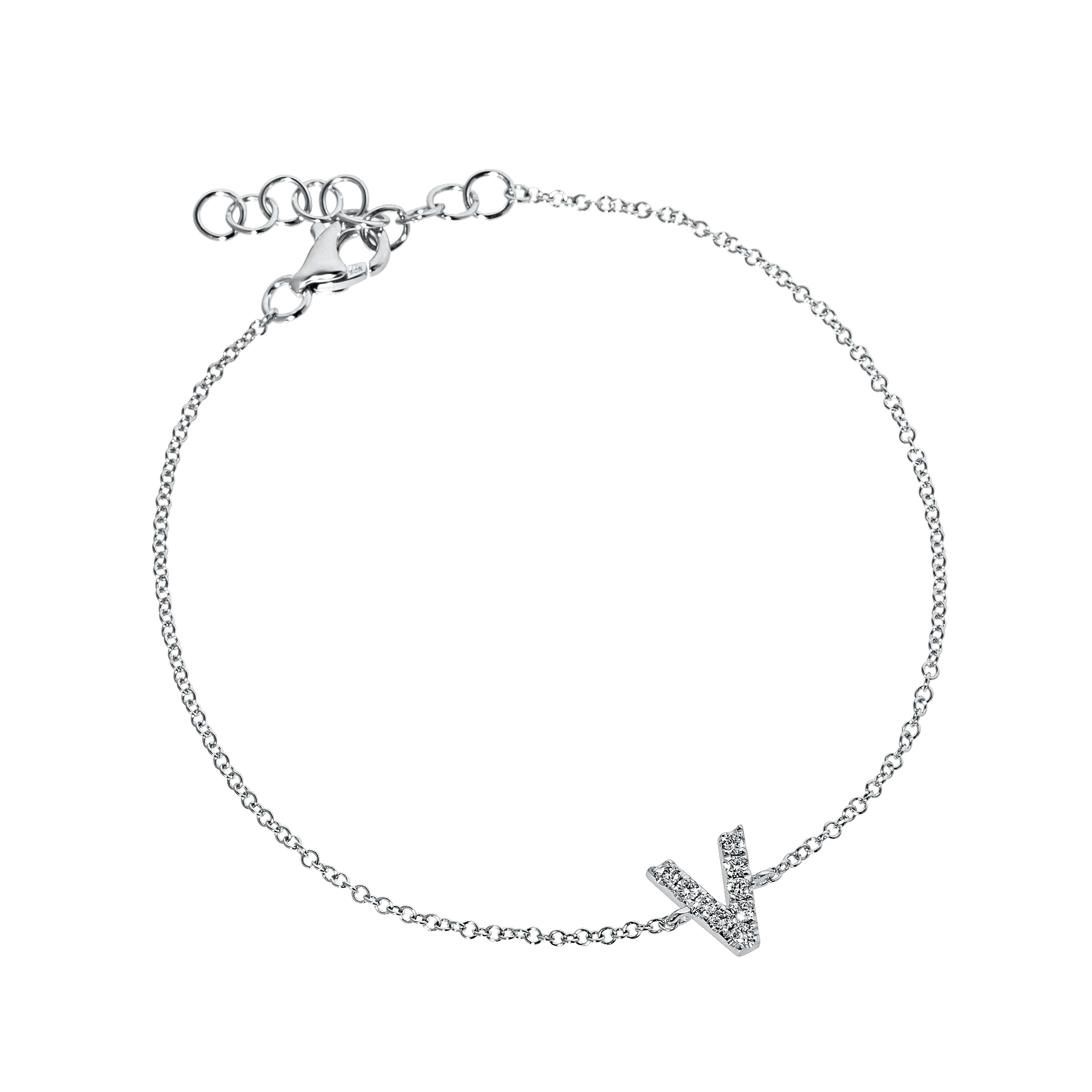 Letter V White Gold Initial Bracelet with Diamond Only Stones