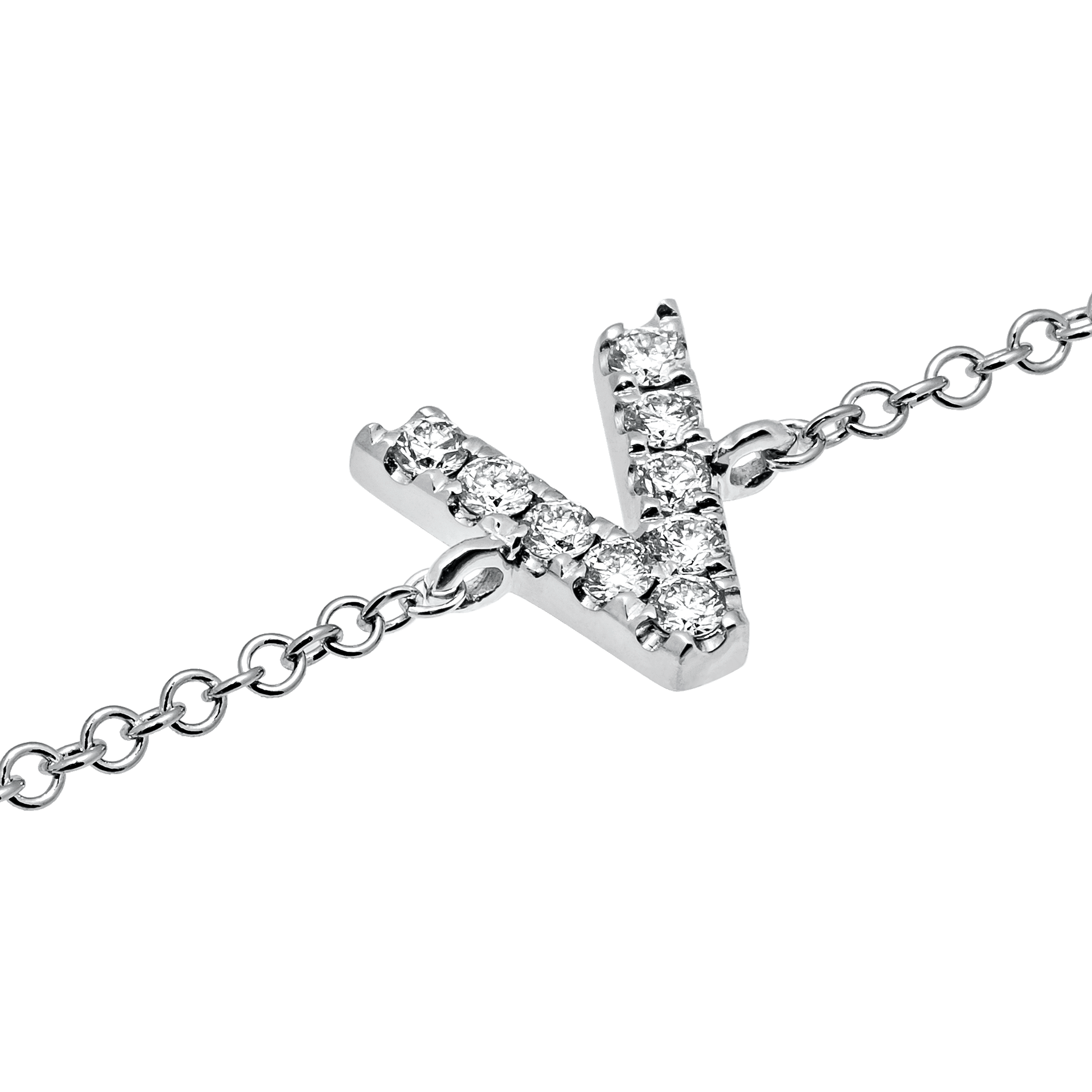 Letter V White Gold Initial Bracelet with Diamond Only Stones