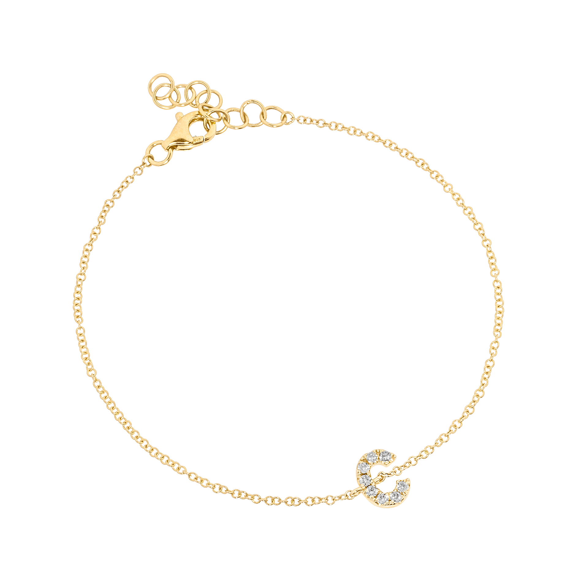 Letter C Yellow Gold Initial Bracelet with Diamond Only Stones