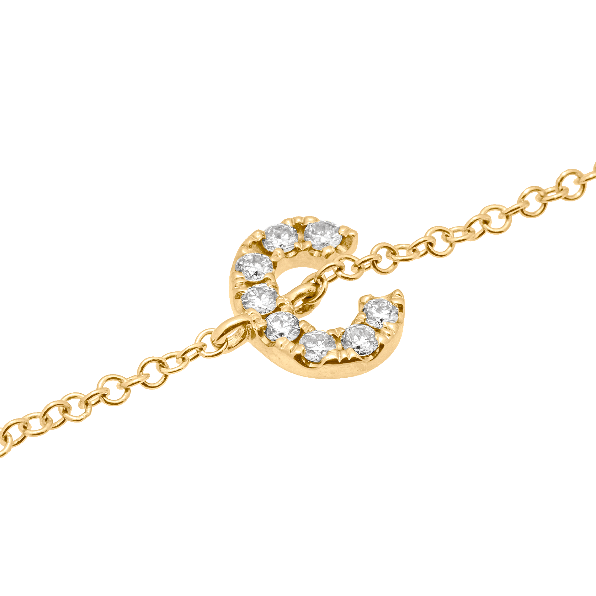 Letter C Yellow Gold Initial Bracelet with Diamond Only Stones