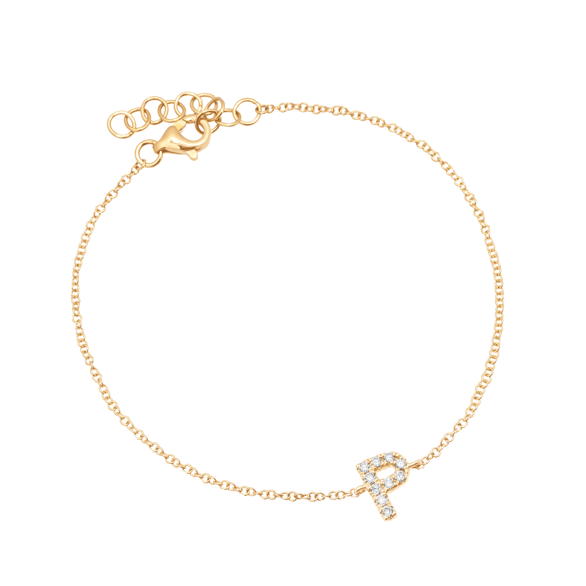 Letter P Yellow Gold Initial Bracelet with Diamond Only Stones