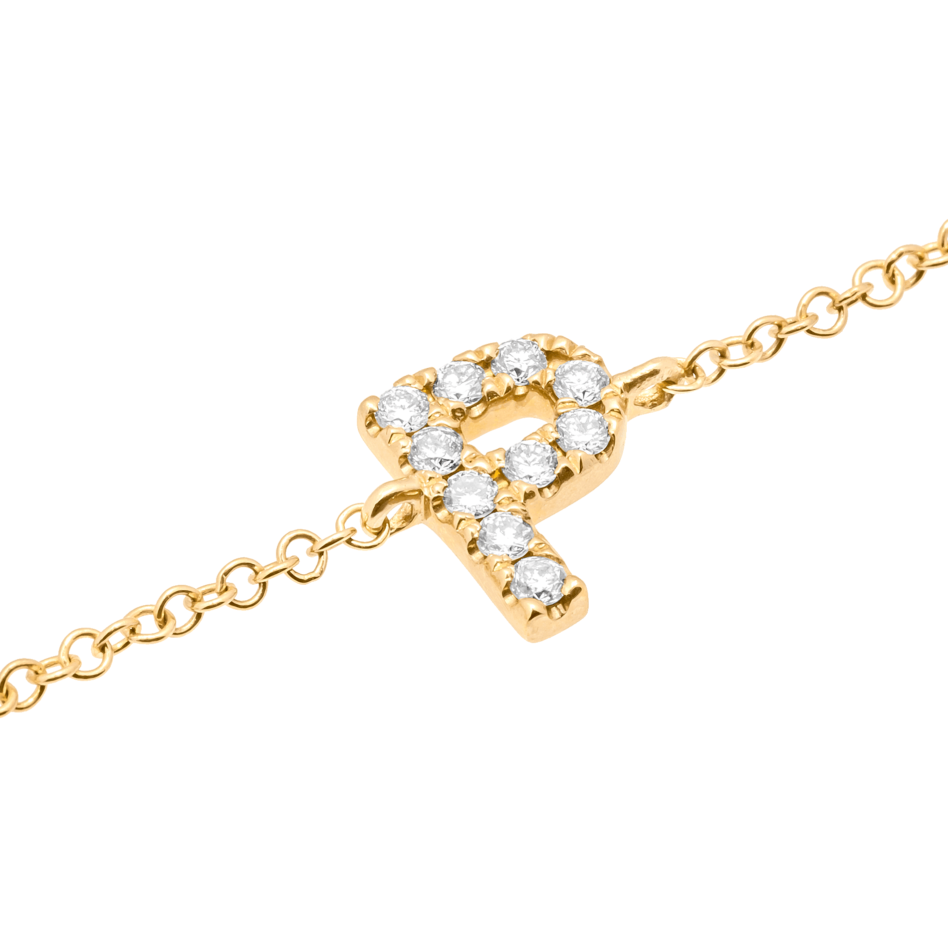 Letter P Yellow Gold Initial Bracelet with Diamond Only Stones