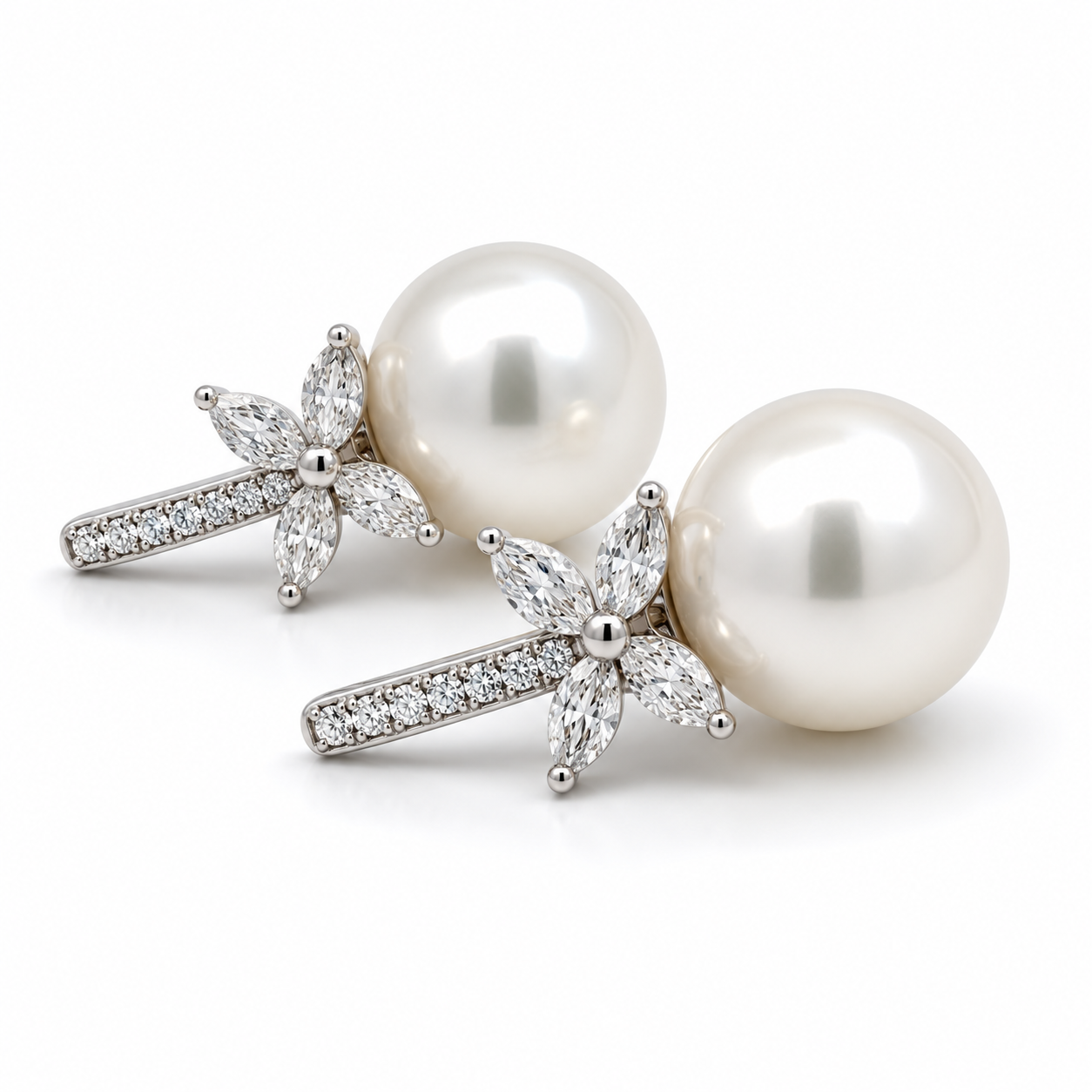 White Gold Pearl and Diamond Earrings