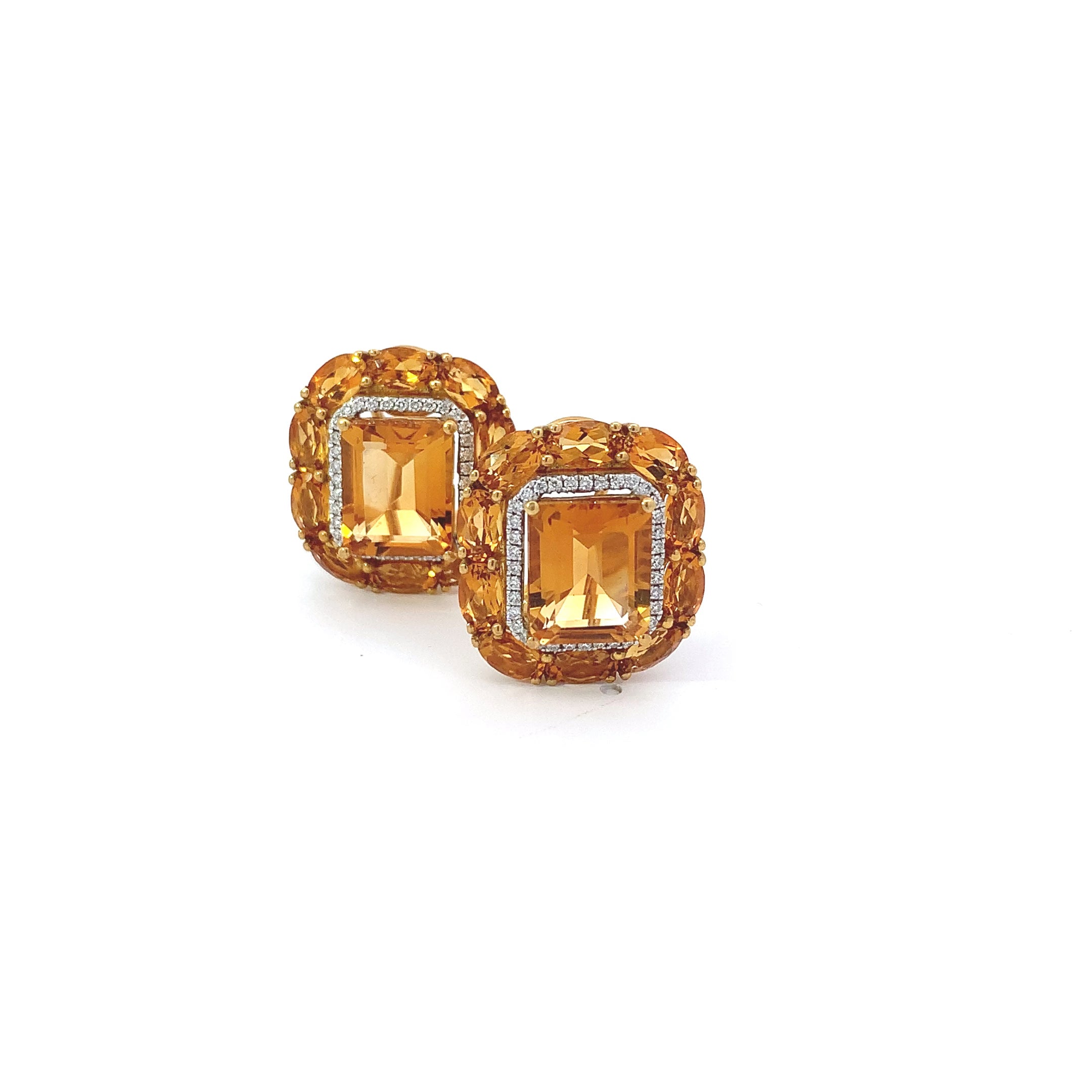 Yellow Gold Stud Earrings with Citrine, Diamond Stones