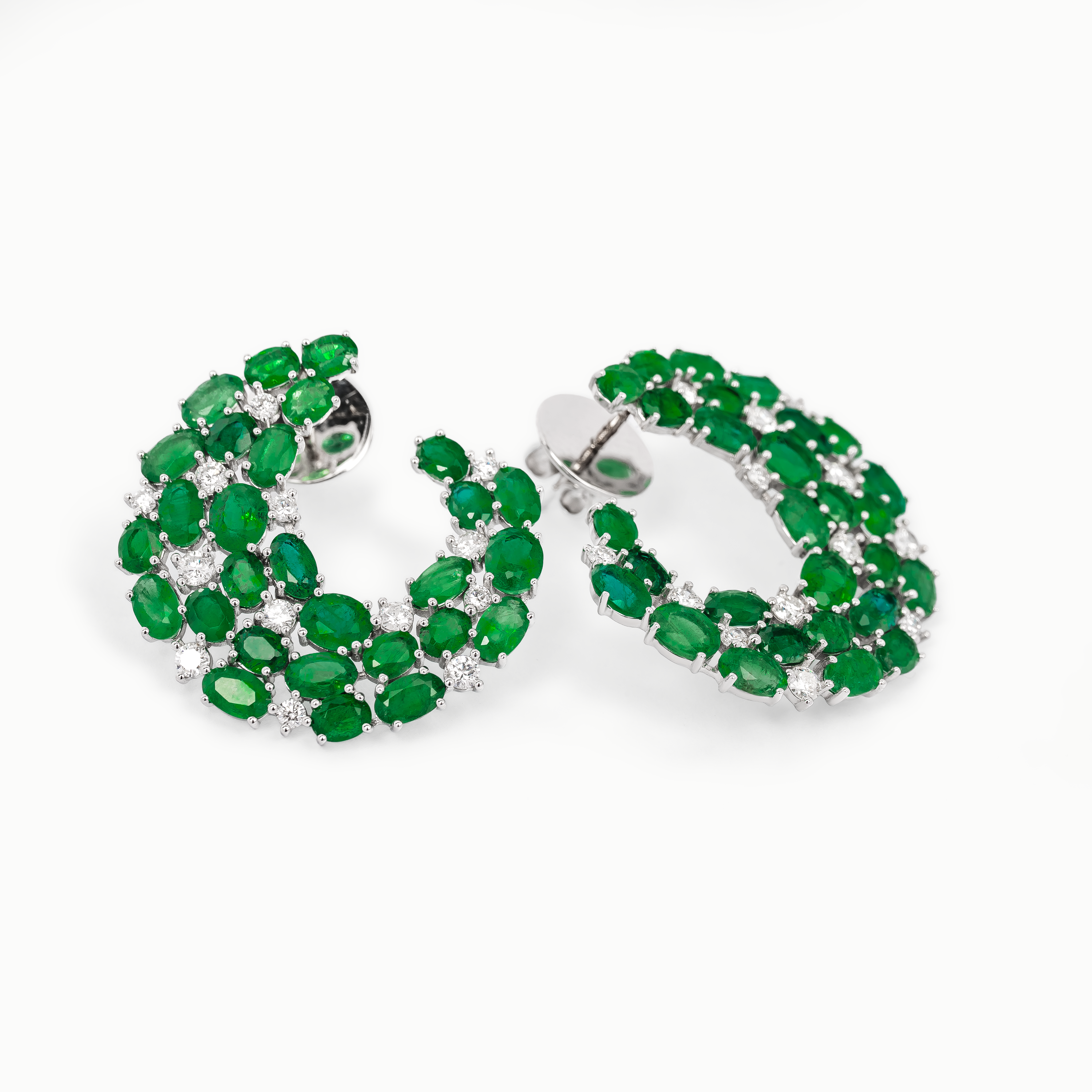 White Gold Stud Earrings with Diamond, Emerald Stones