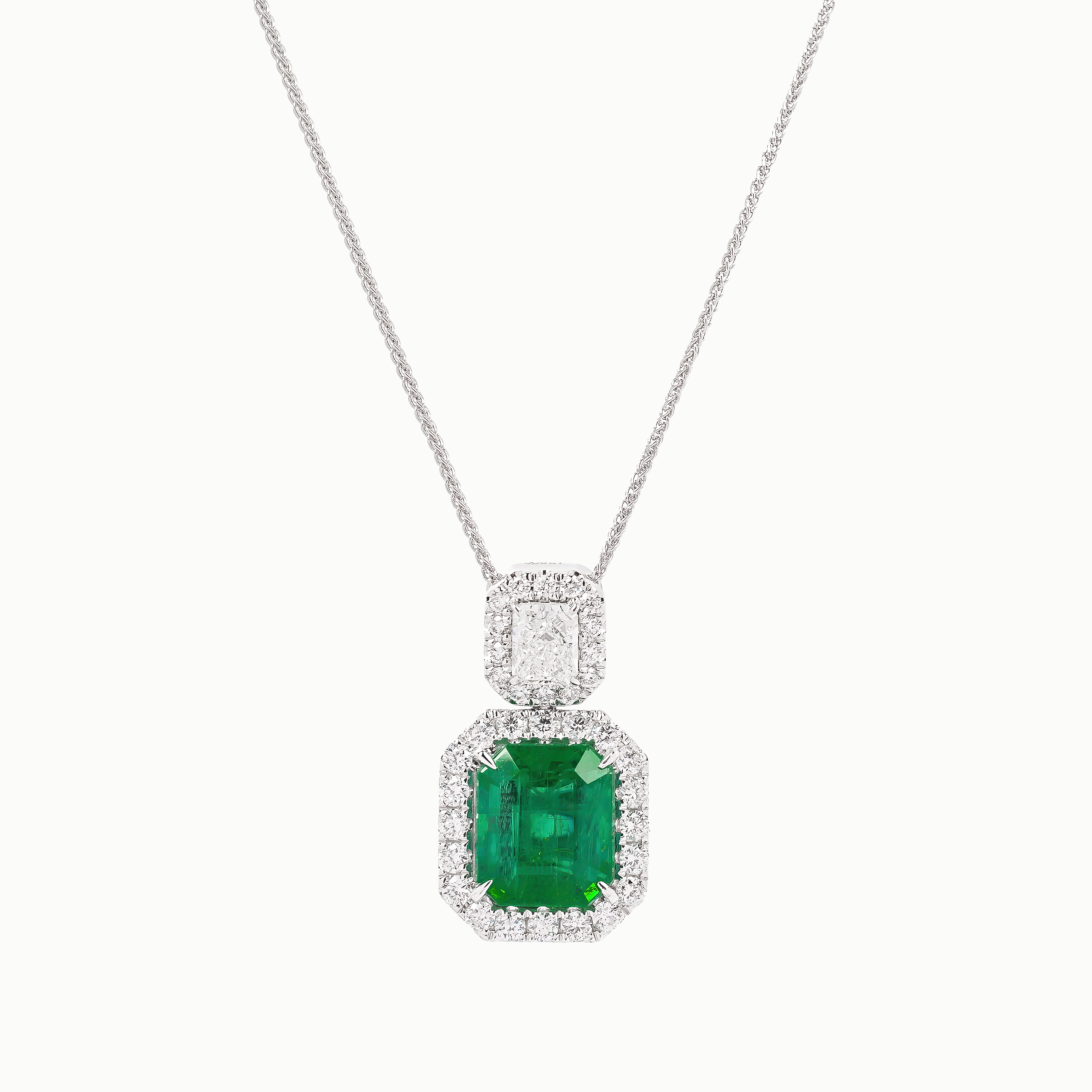 White Gold Pendant Necklace with Diamond, Emerald Stones