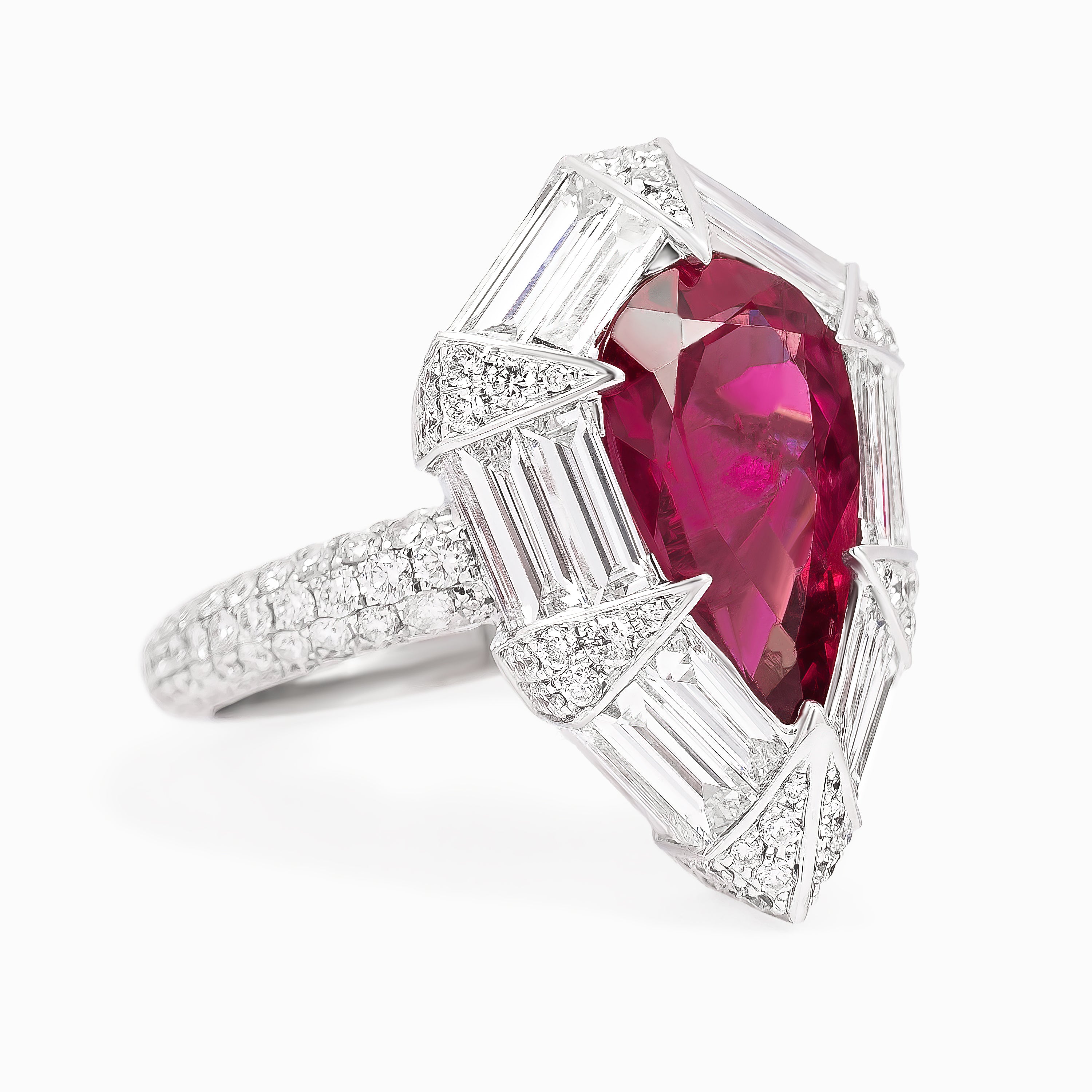White Gold Ring with Diamond, Rhodolite Stones