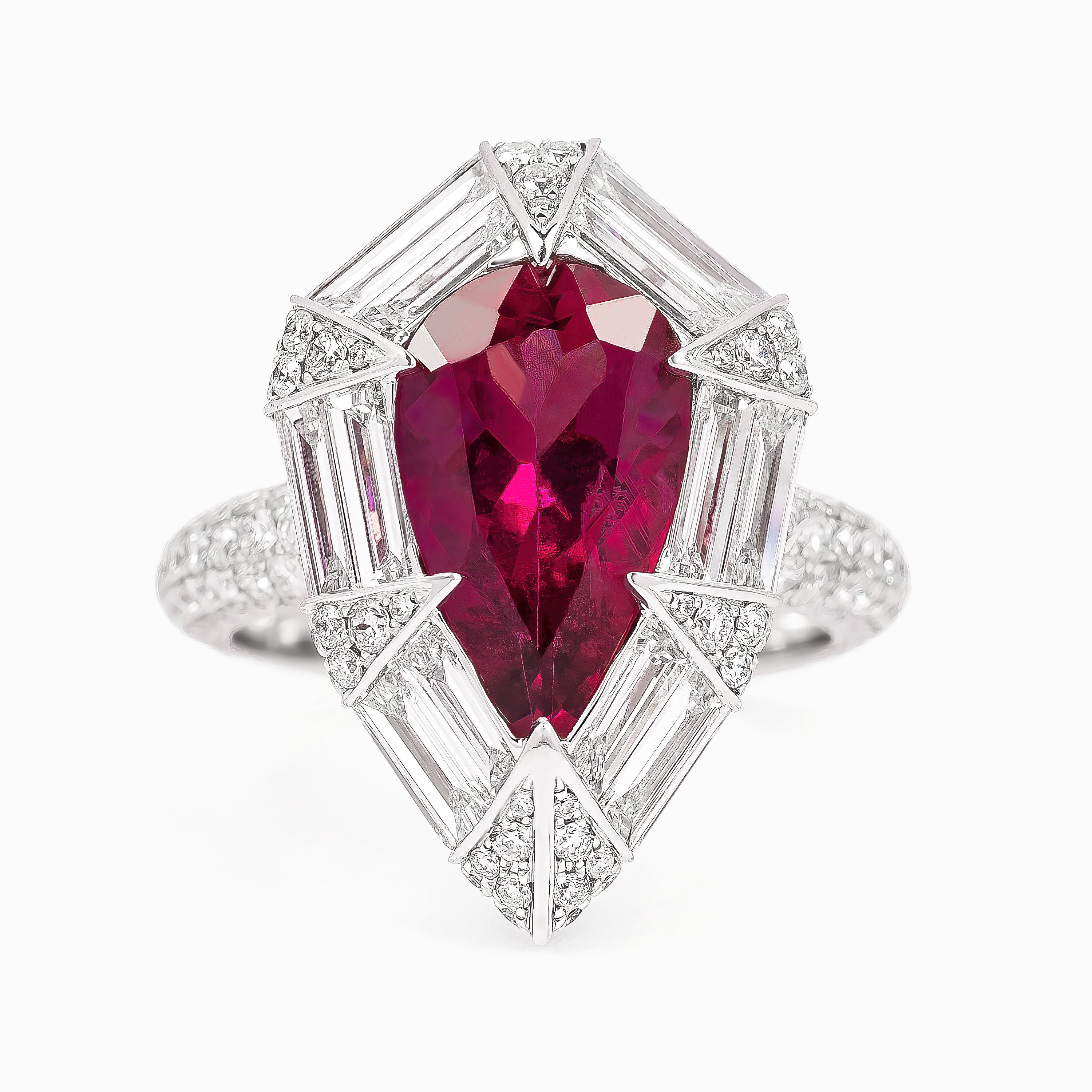 White Gold Ring with Diamond, Rhodolite Stones