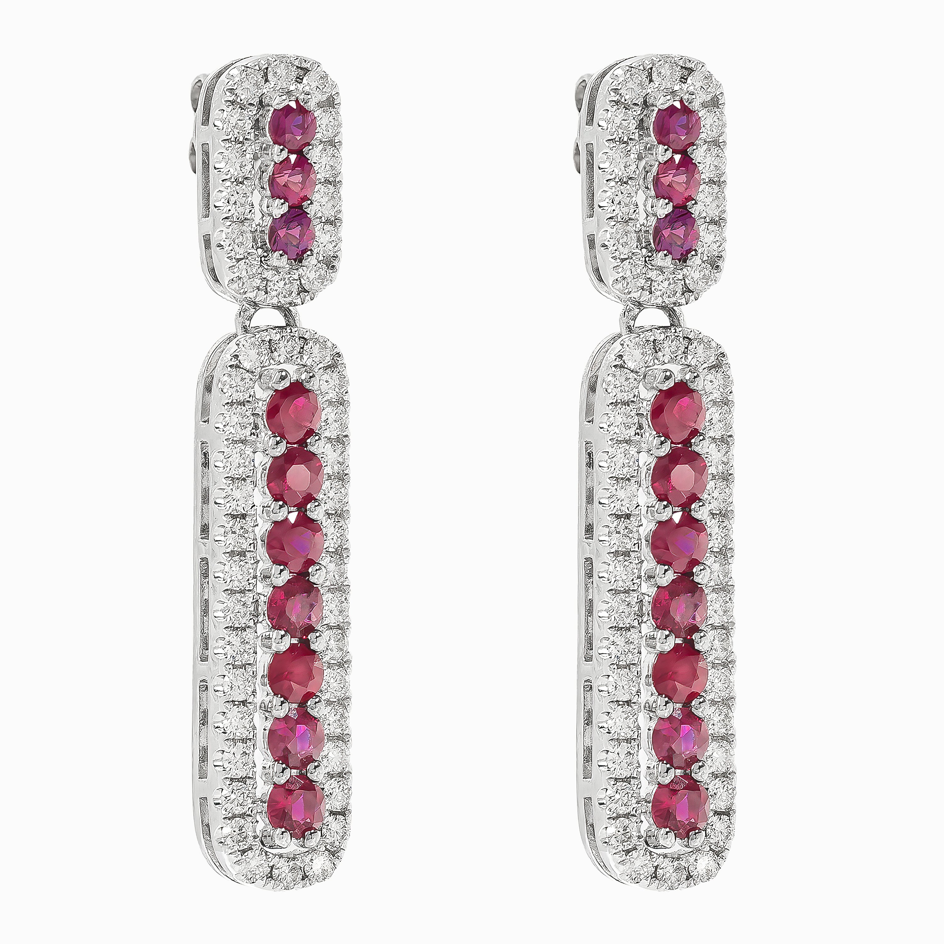 White Gold Drop Earrings with Diamond, Ruby Stones